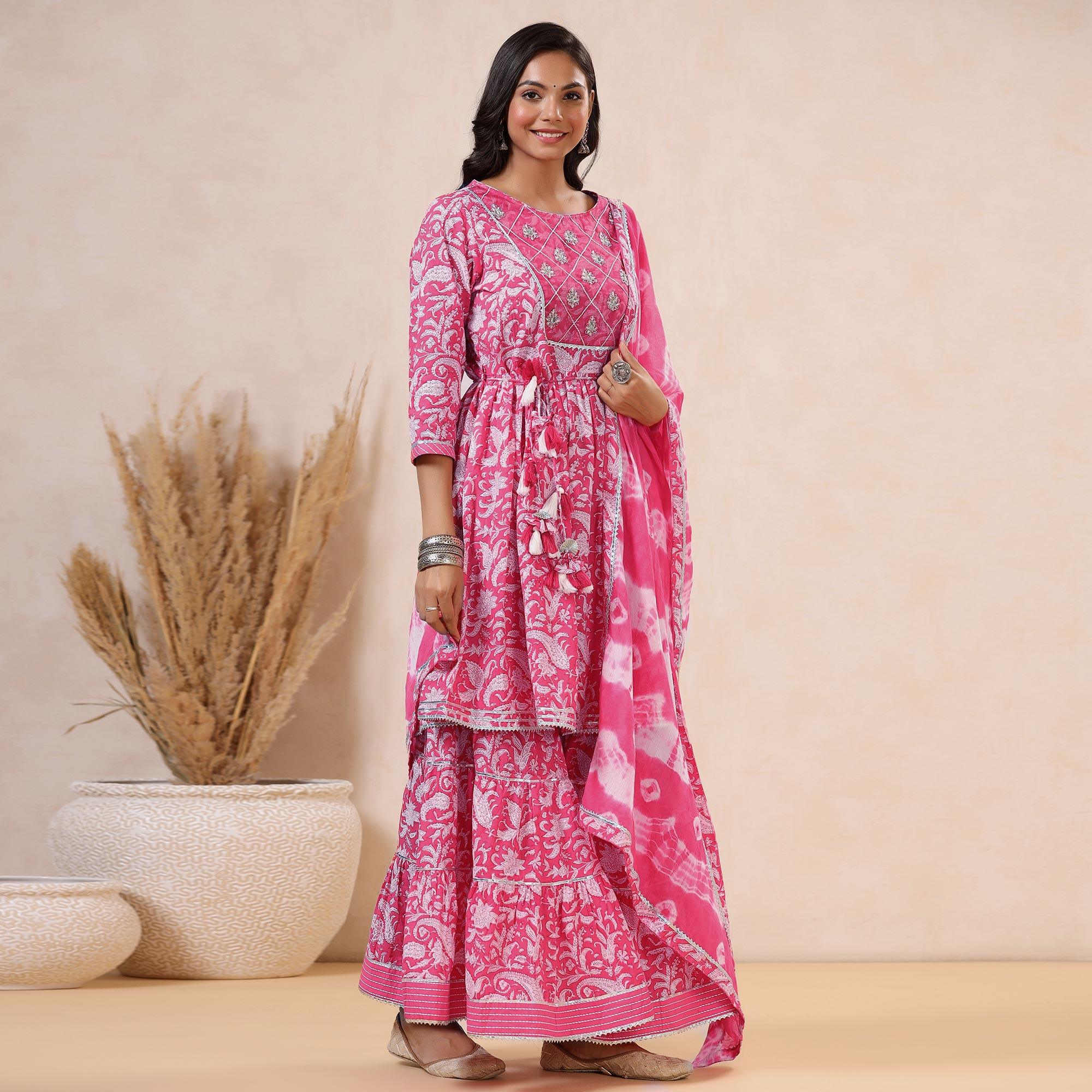 Pink Printed Pure Cotton Sharara Suit - Peachmode