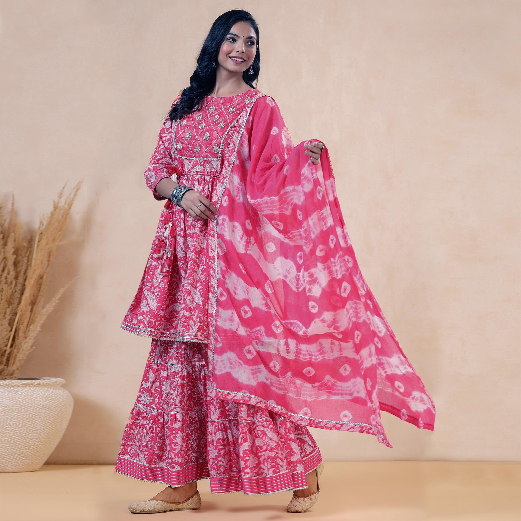 Pink Printed Pure Cotton Sharara Suit - Peachmode