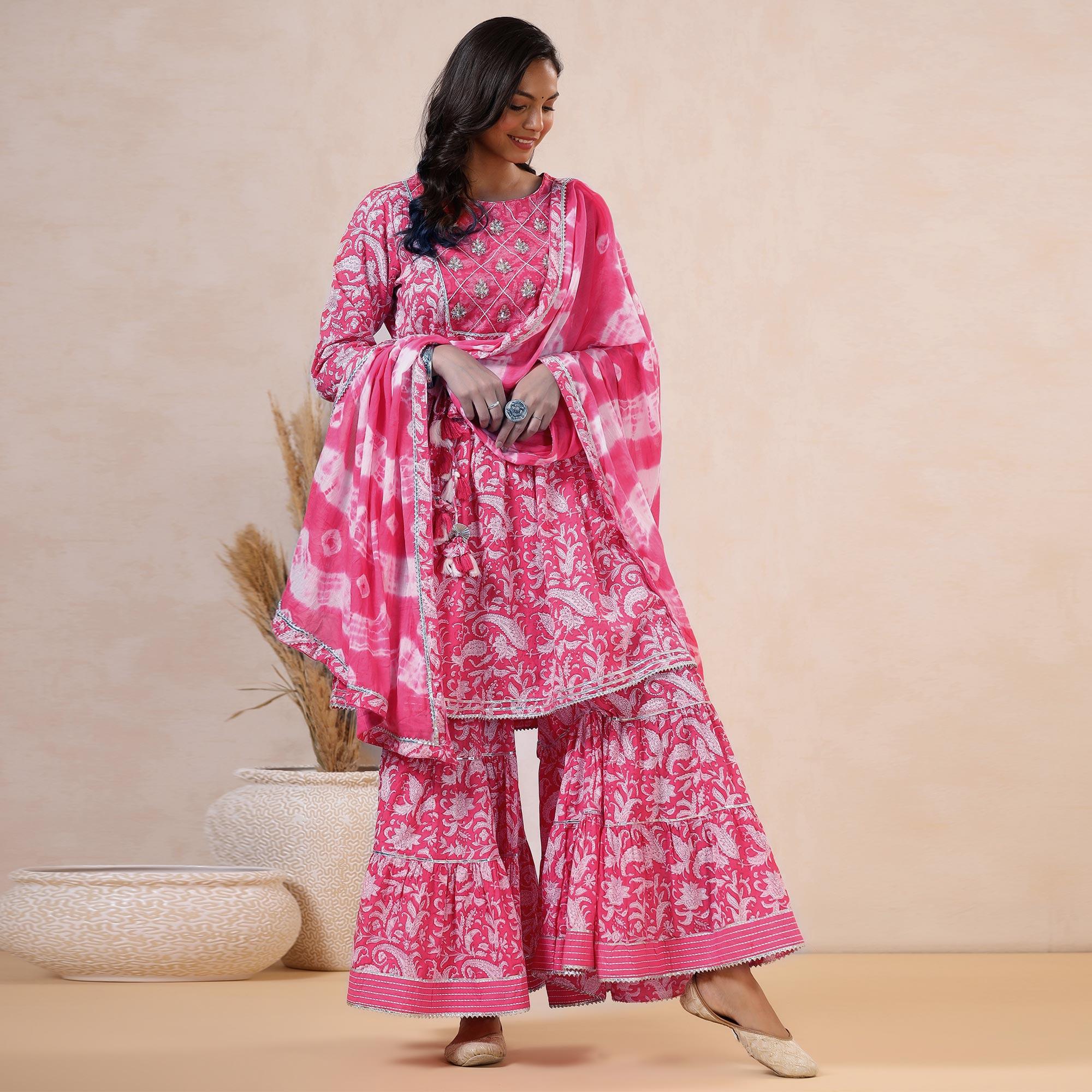 Pink Printed Pure Cotton Sharara Suit - Peachmode