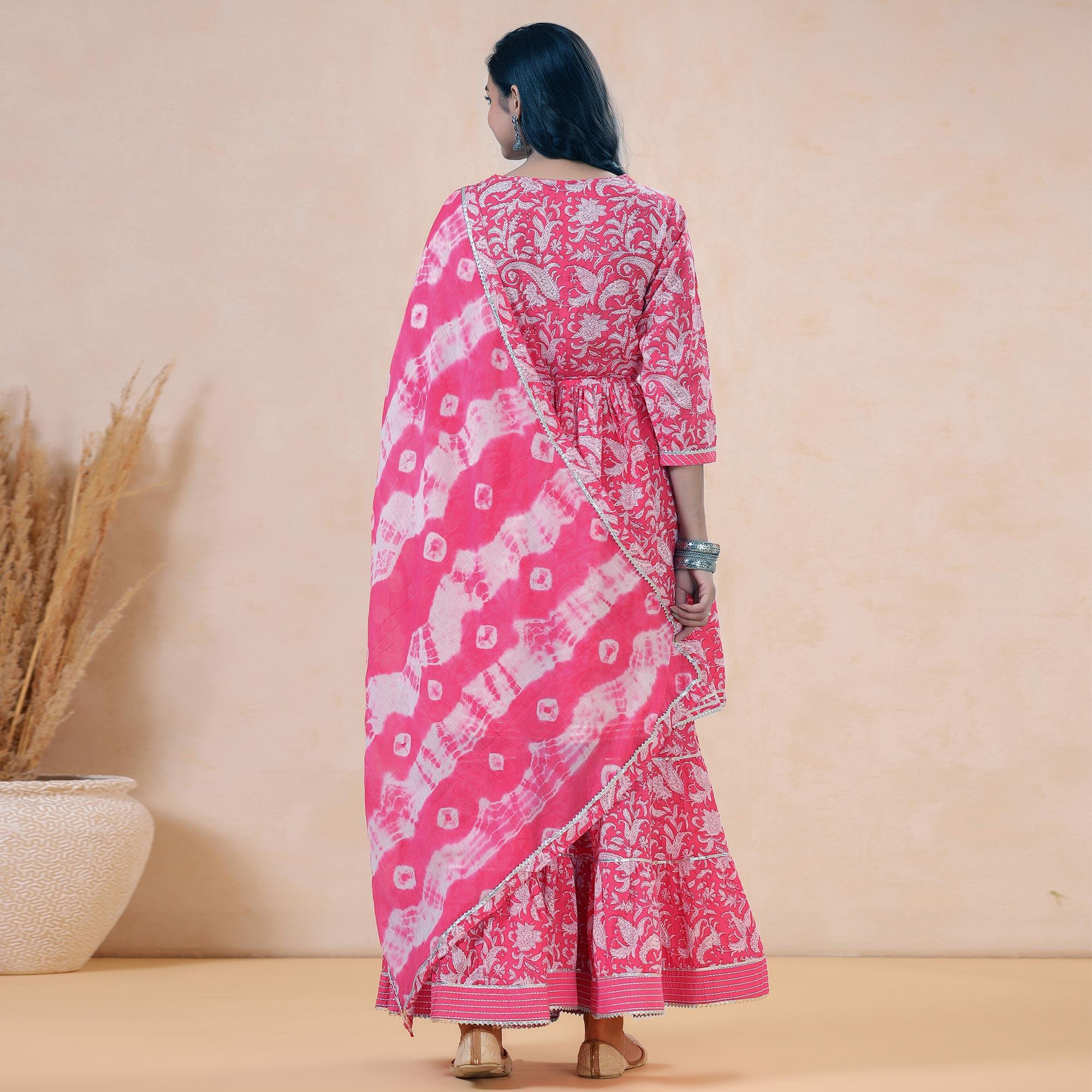 Pink Printed Pure Cotton Sharara Suit - Peachmode