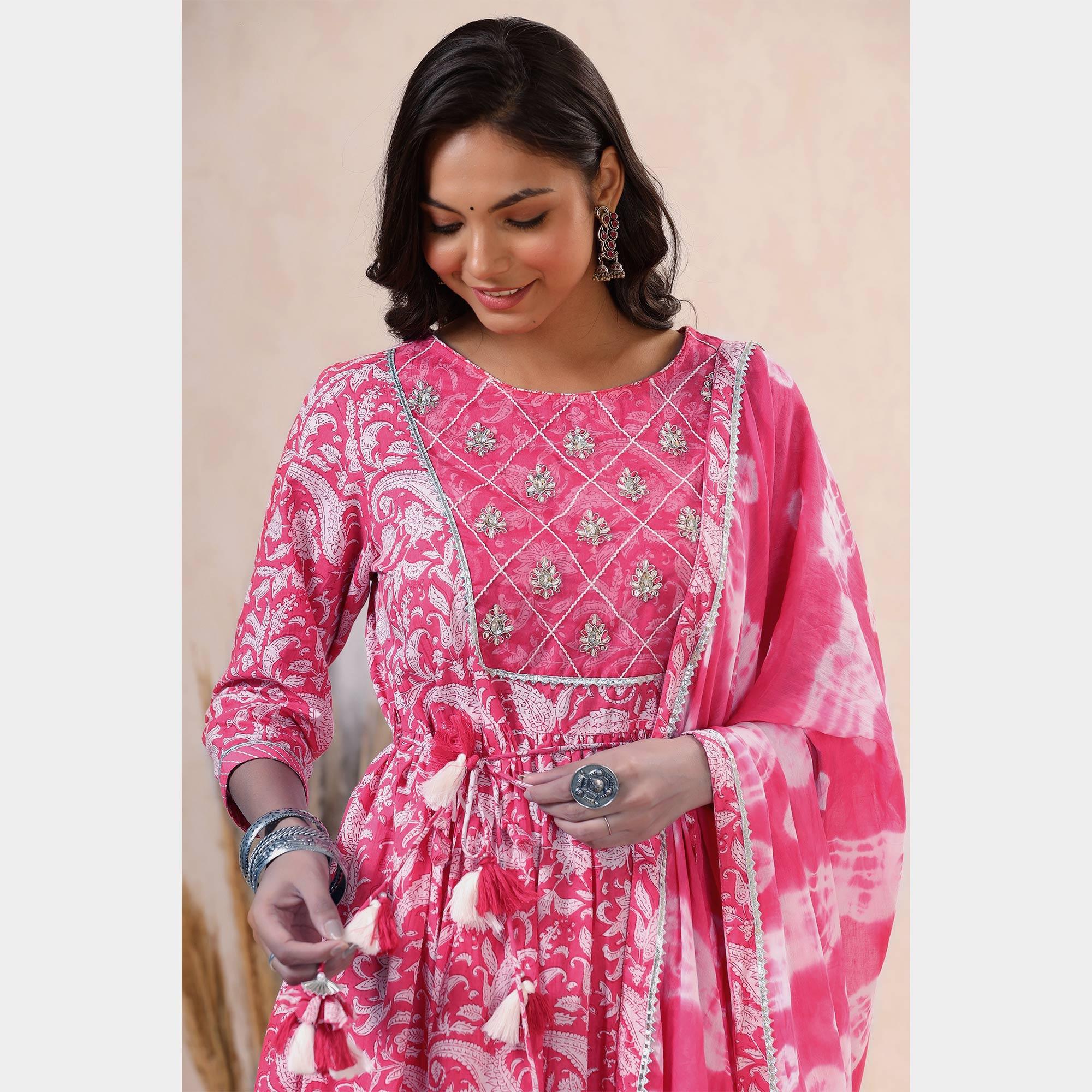 Pink Printed Pure Cotton Sharara Suit - Peachmode