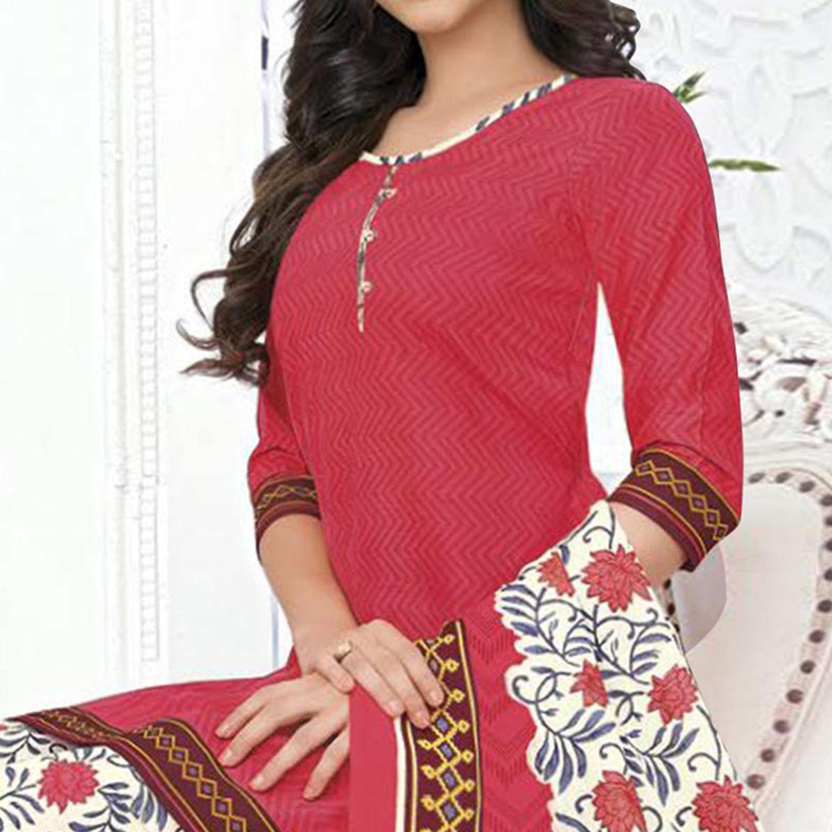 Pink Printed Pure Cotton Stitched Patiala Suit - Peachmode