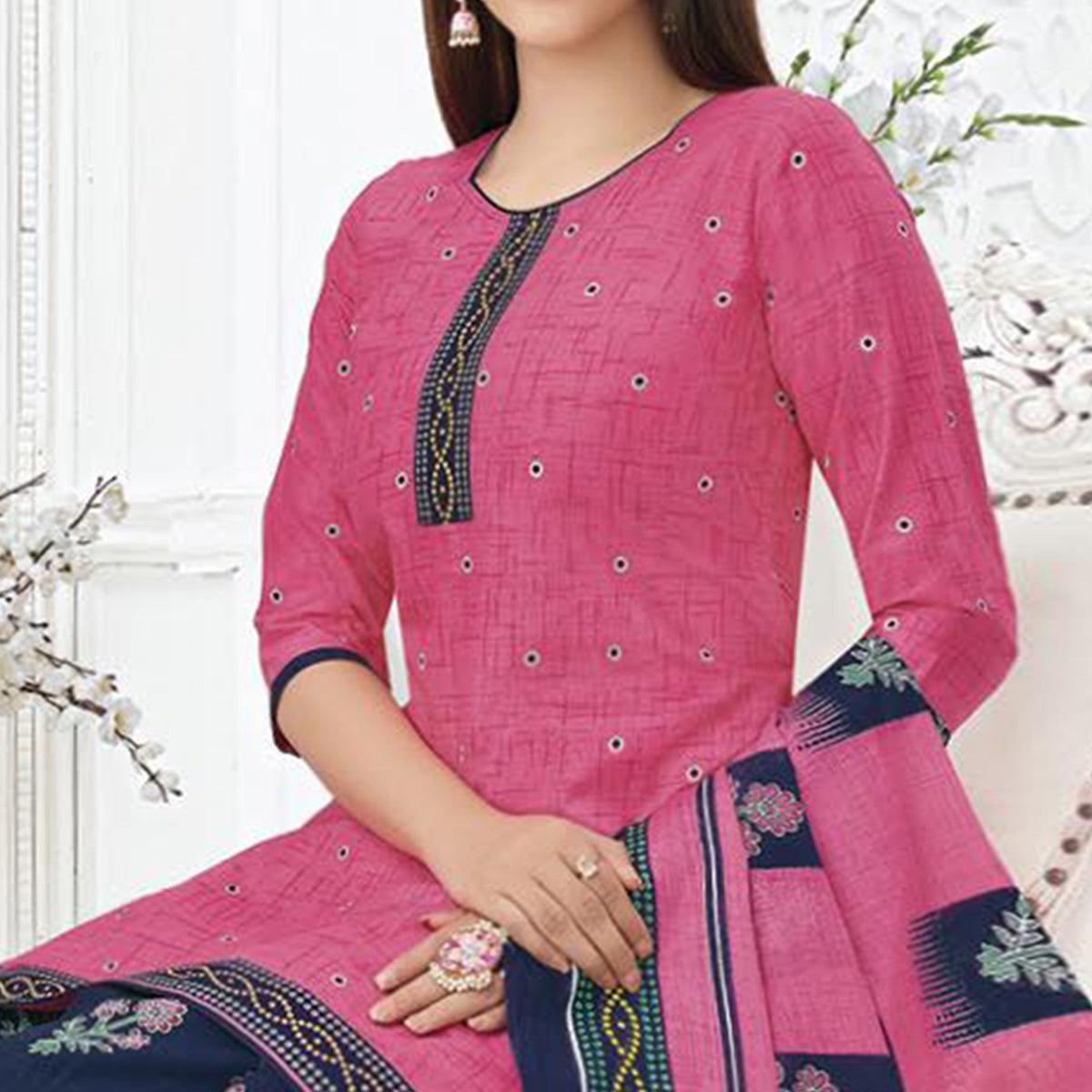 Pink Printed Pure Cotton Stitched Patiala Suit - Peachmode