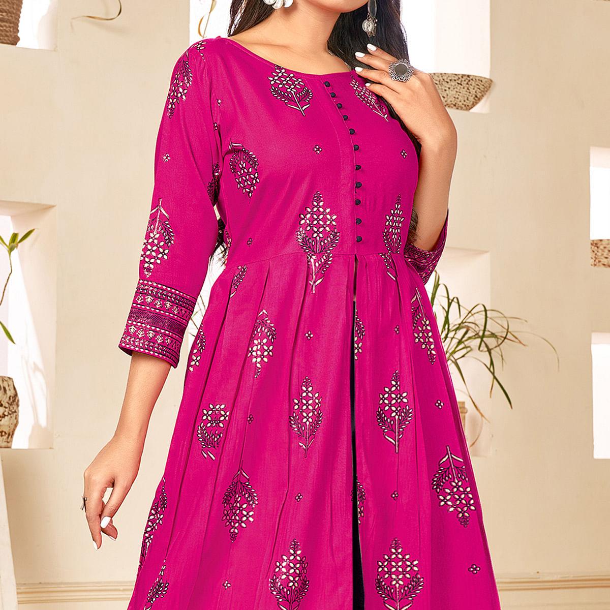 Pink Printed Rayon Anarkali Kurti - Peachmode