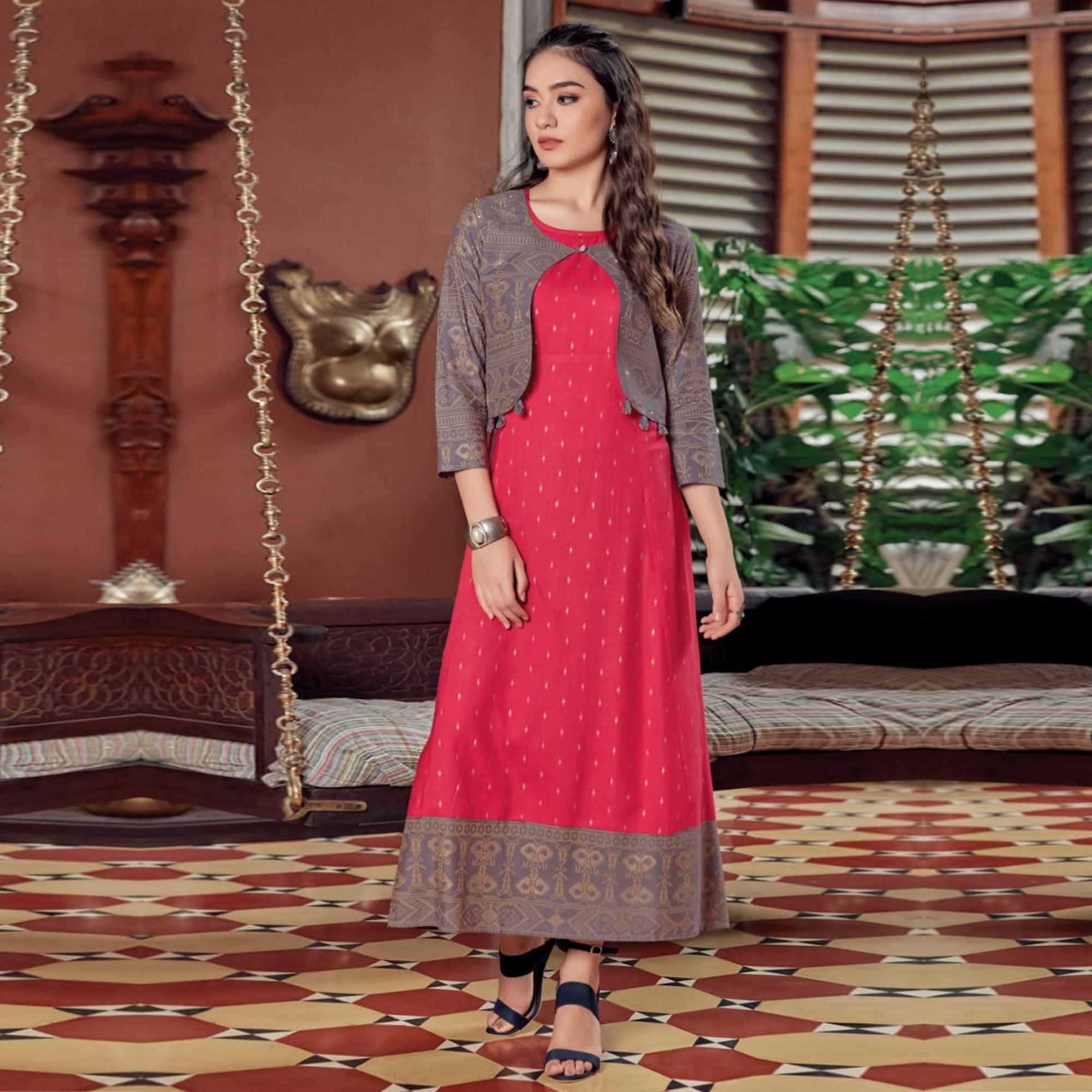 Pink Printed Rayon Anarkali Kurti - Peachmode