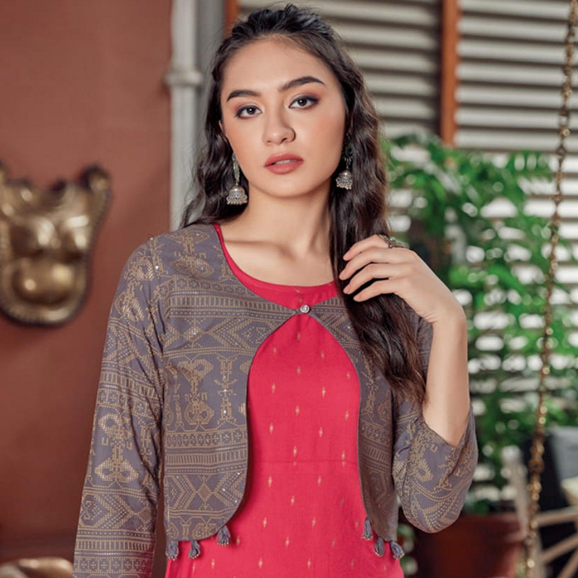 Pink Printed Rayon Anarkali Kurti - Peachmode