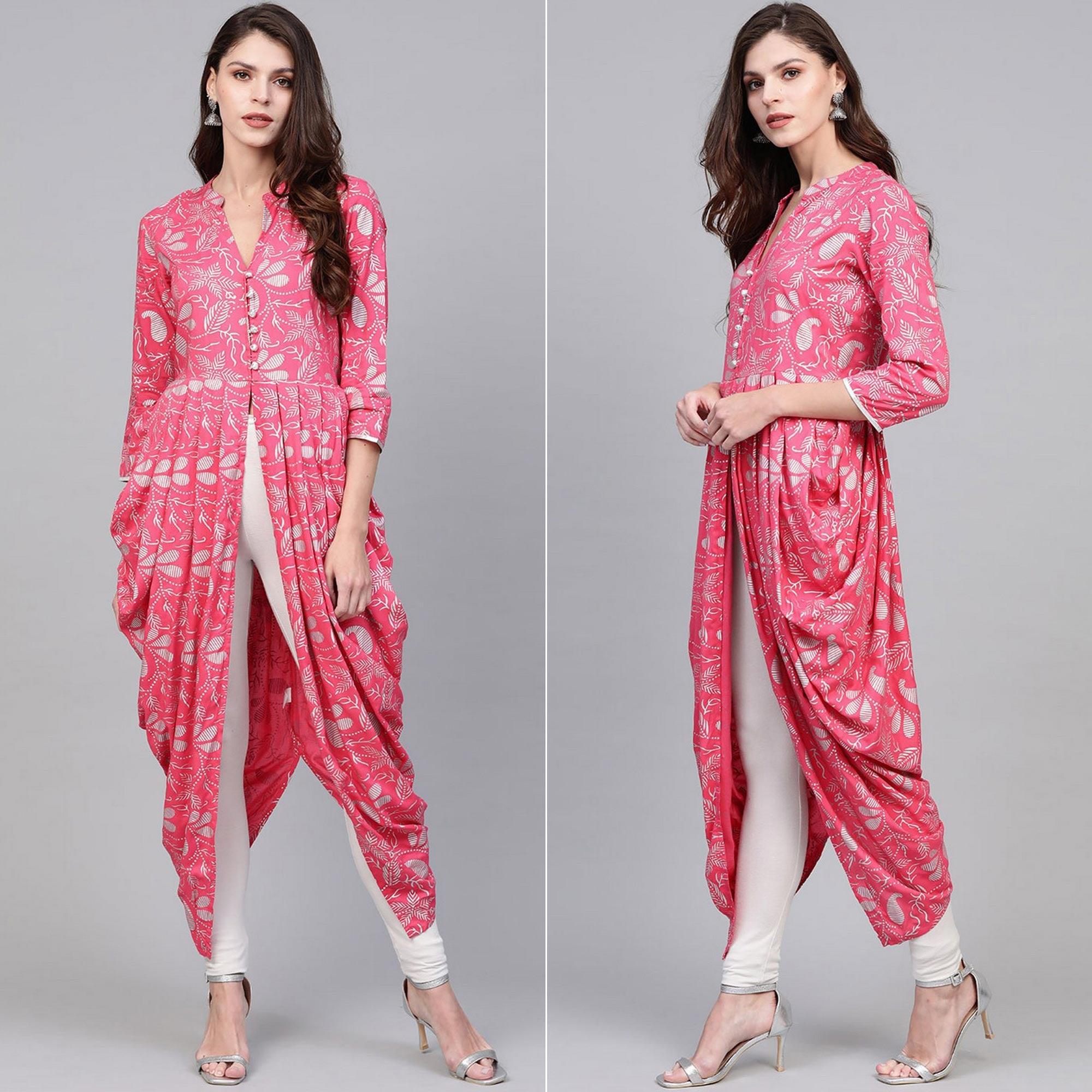Pink Printed Rayon Kurti - Peachmode