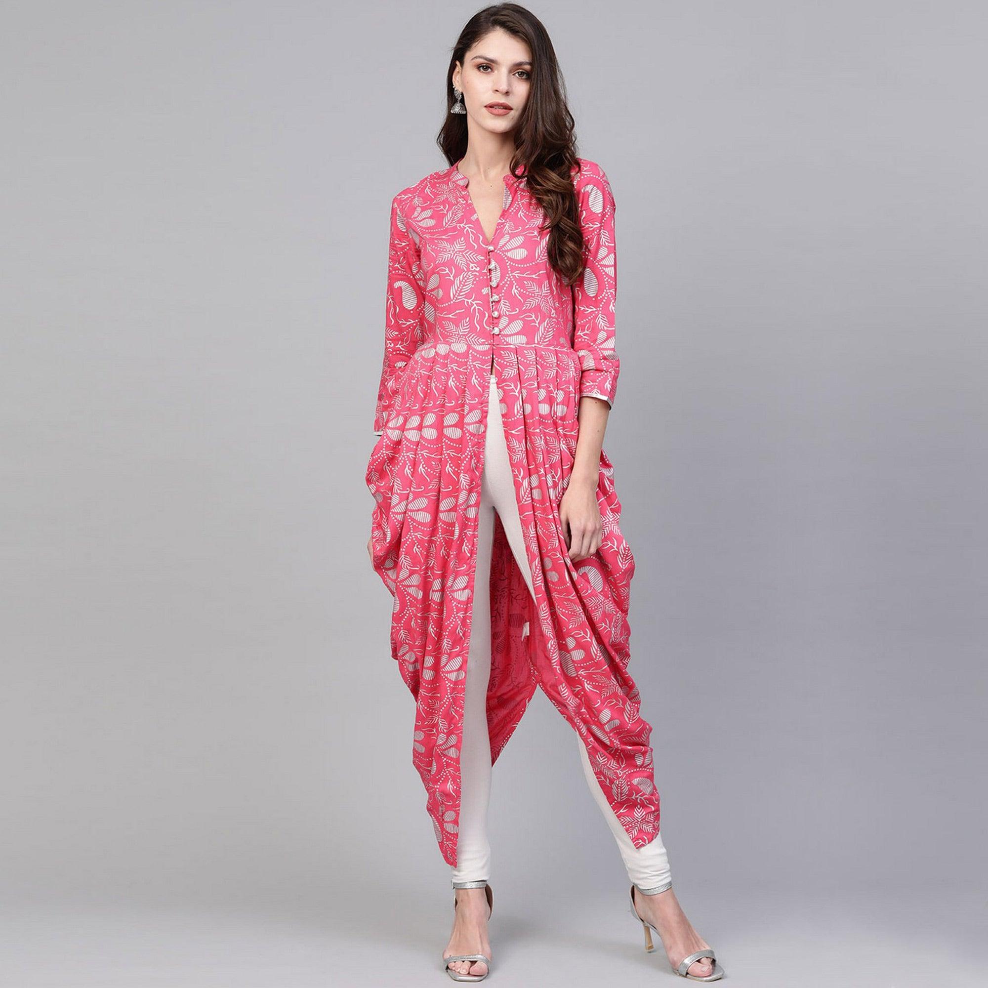 Pink Printed Rayon Kurti - Peachmode