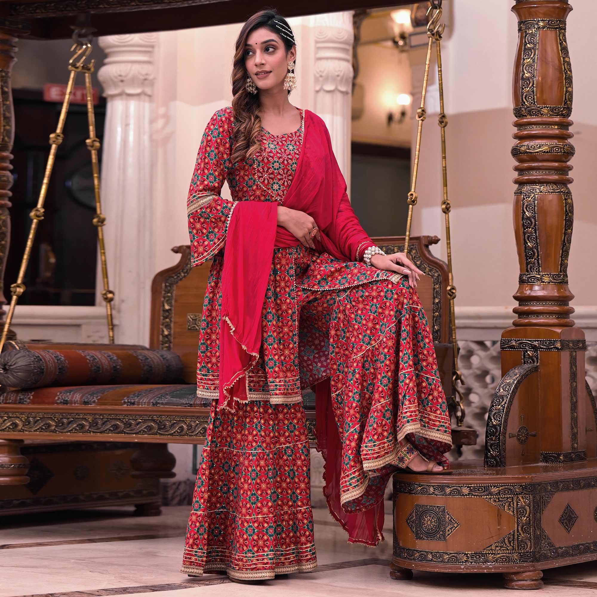 Pink Printed Rayon Sharara Suit - Peachmode