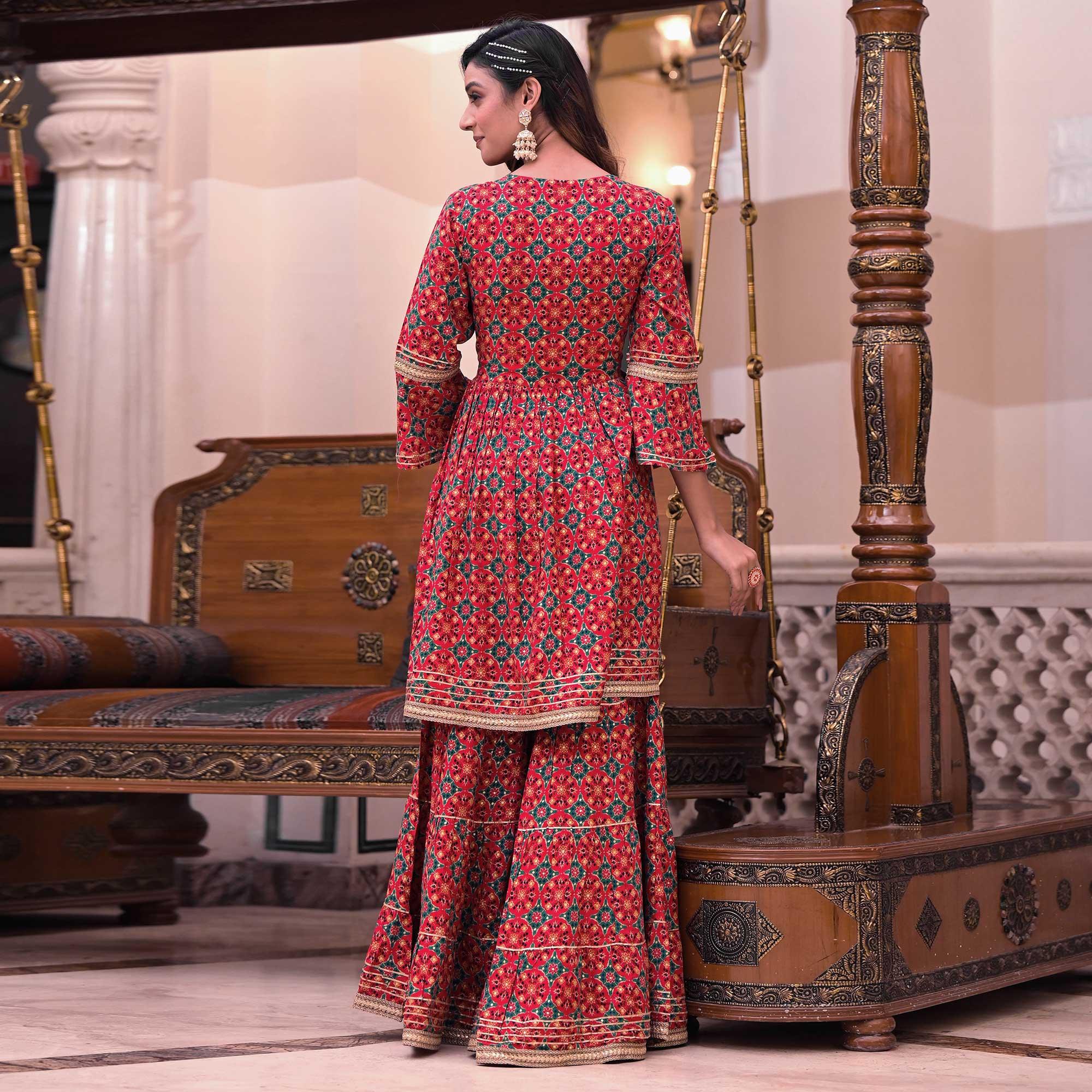 Pink Printed Rayon Sharara Suit - Peachmode