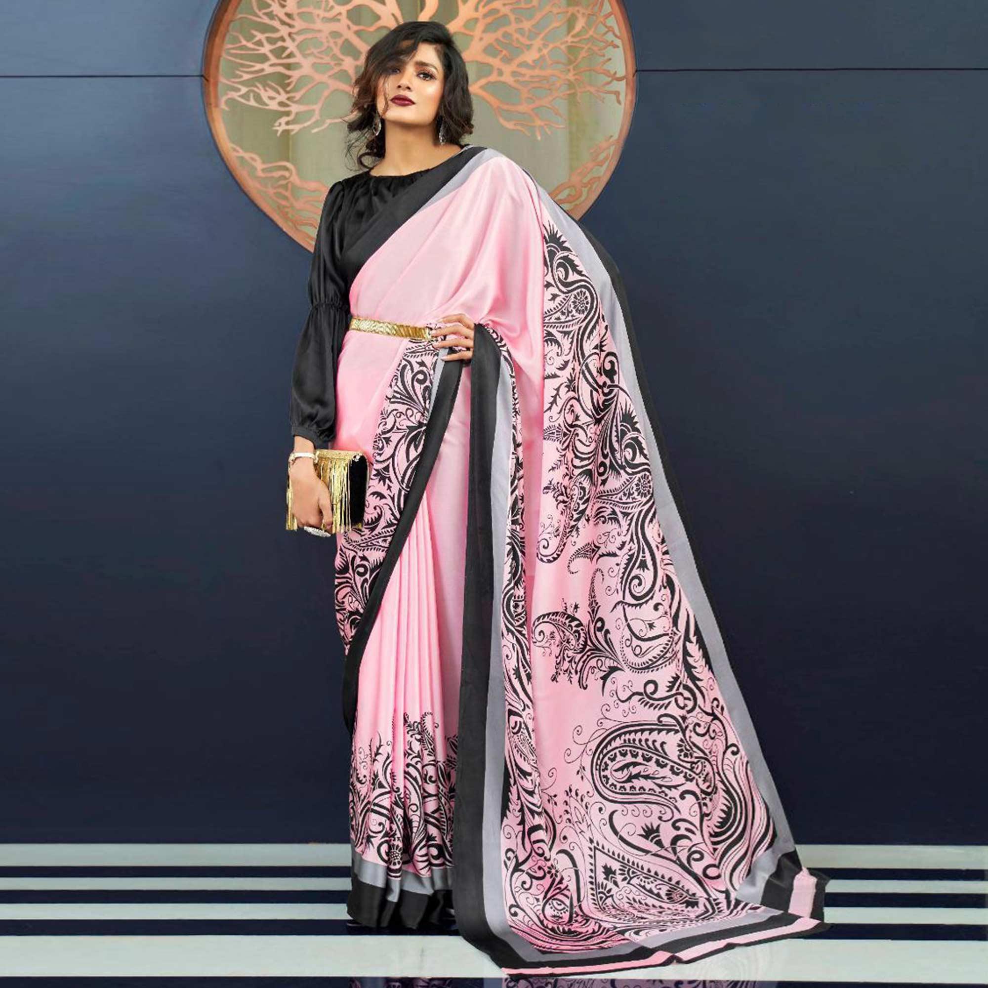 Pink Printed Satin Saree - Peachmode