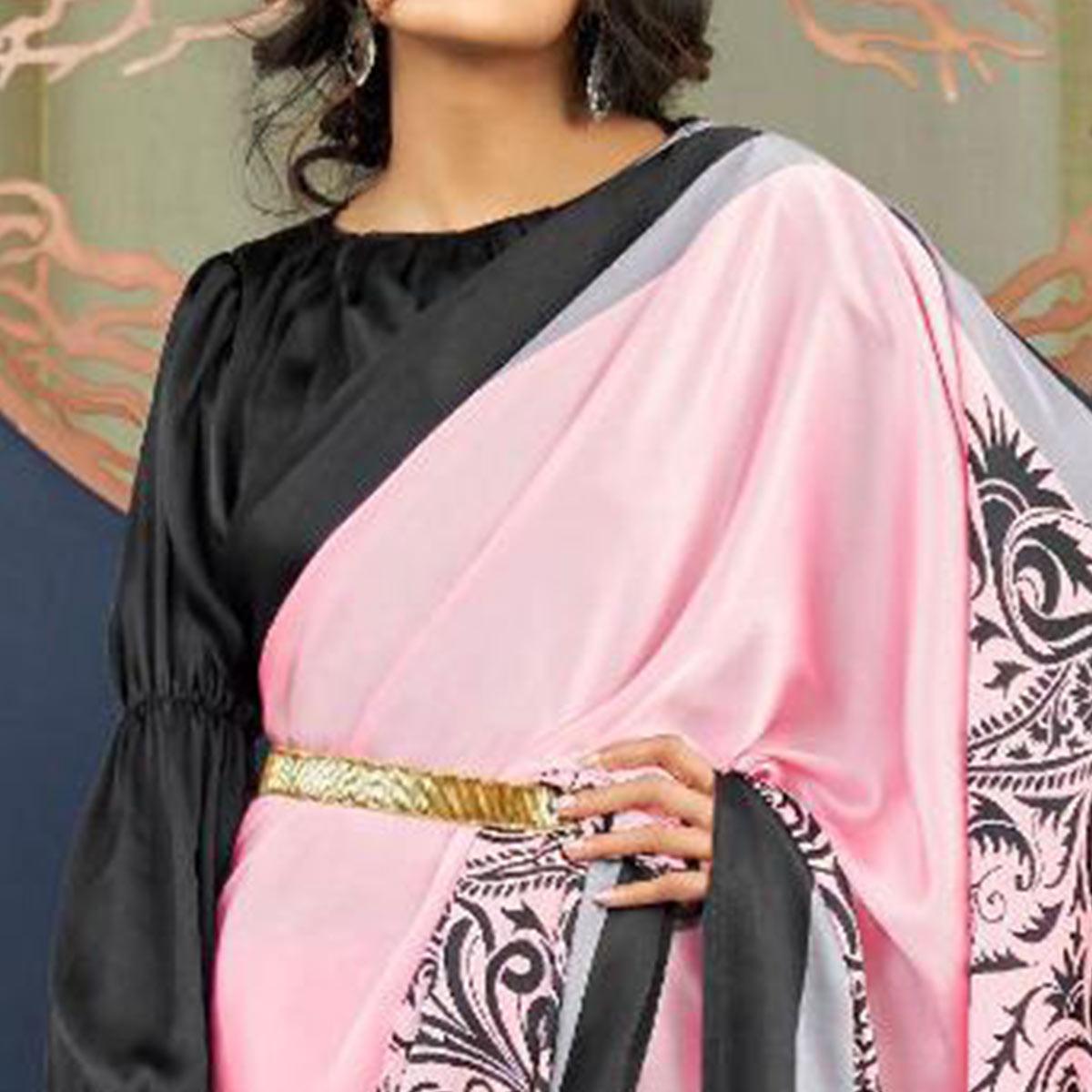 Pink Printed Satin Saree - Peachmode