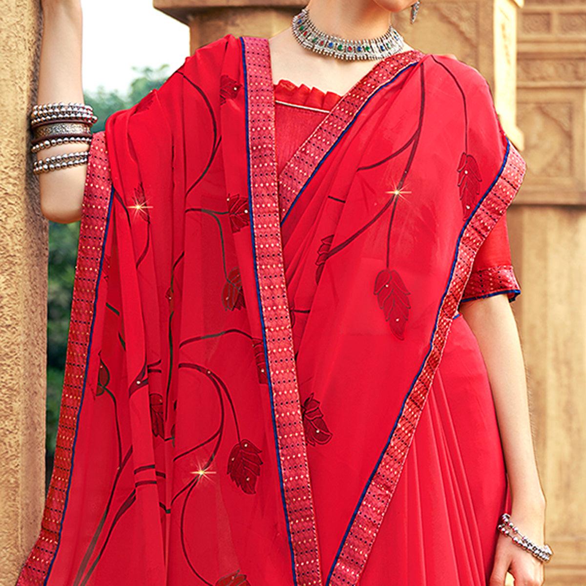 Pink Printed-Sequins Work Georgette Saree - Peachmode