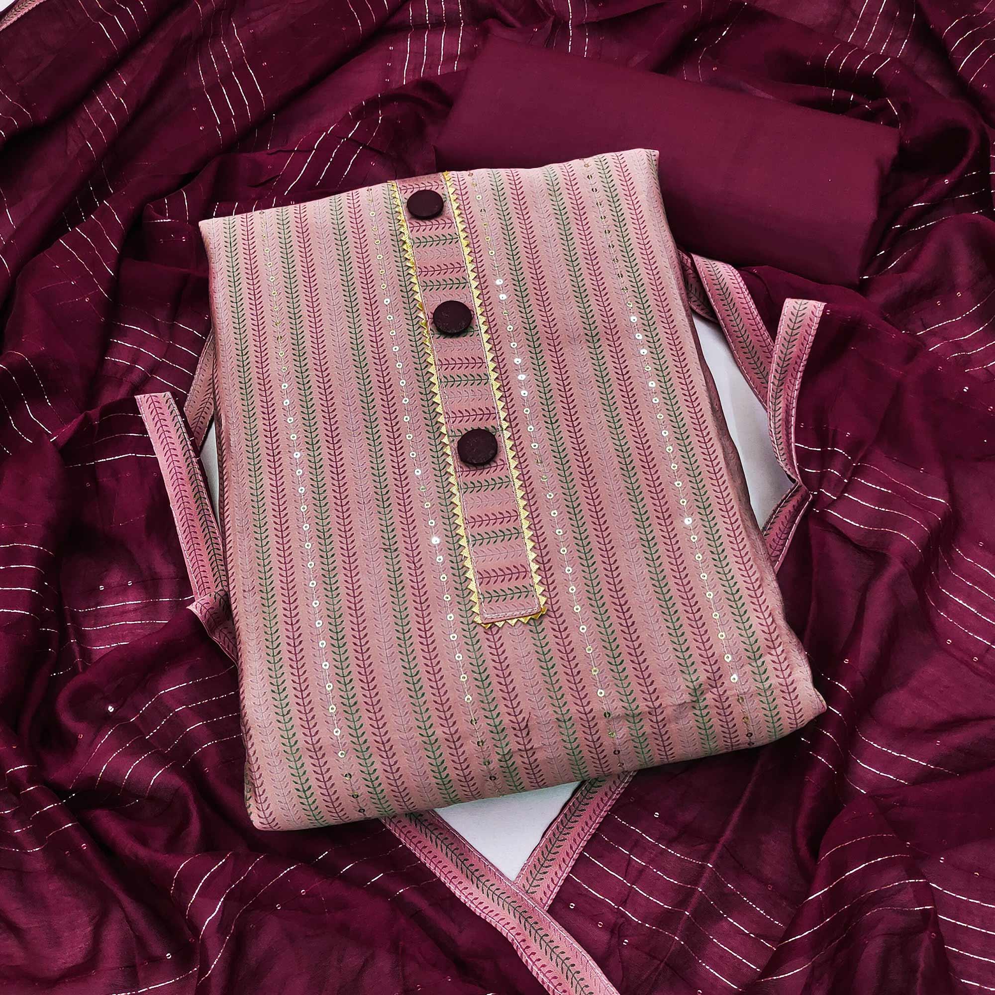 Pink Printed-Sequins Work Muslin Dress Material - Peachmode