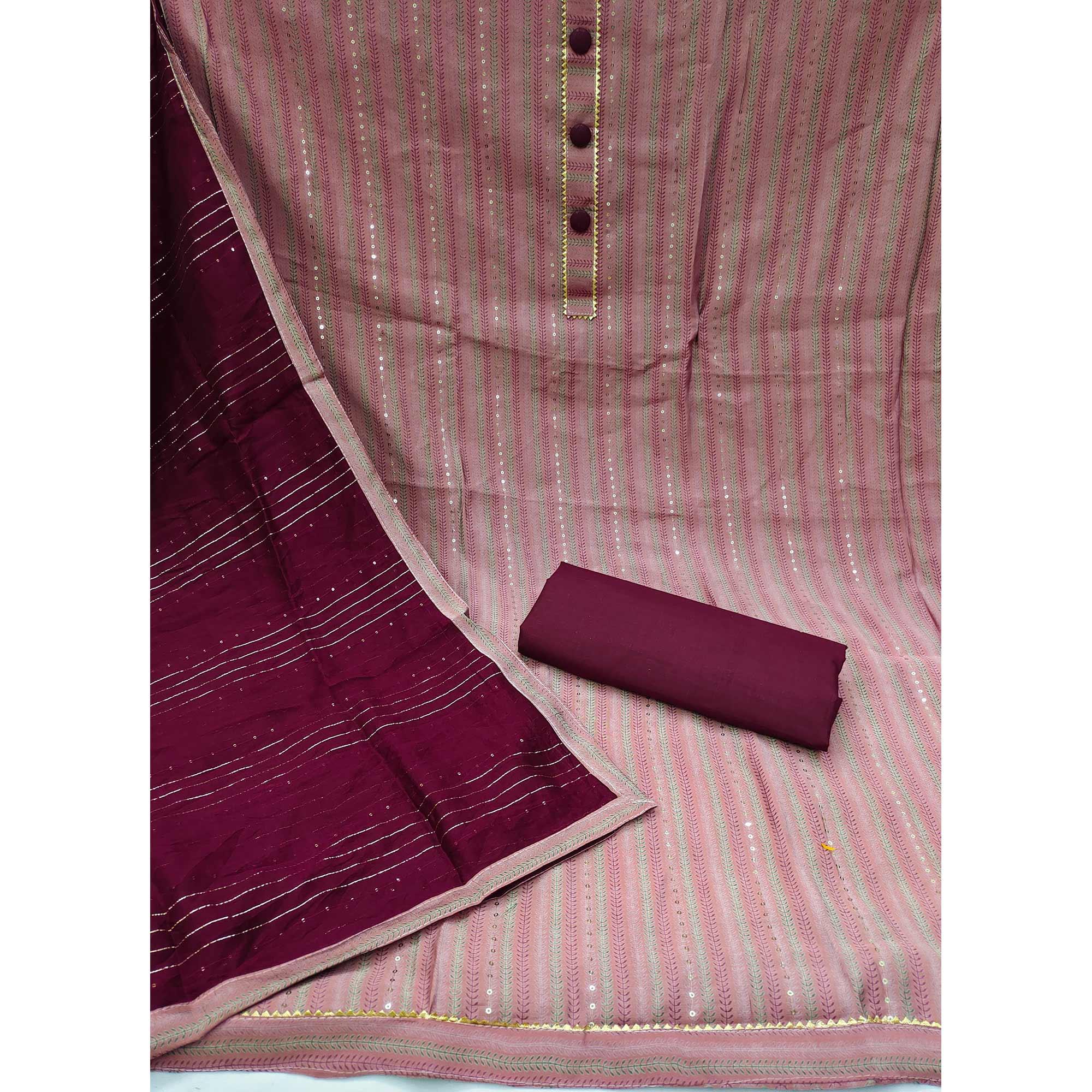 Pink Printed-Sequins Work Muslin Dress Material - Peachmode