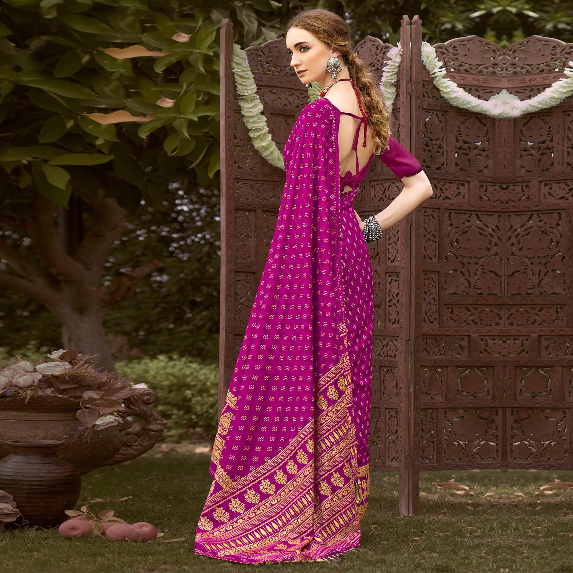 Pink Printed Vichitra Silk Saree With Tassels - Peachmode