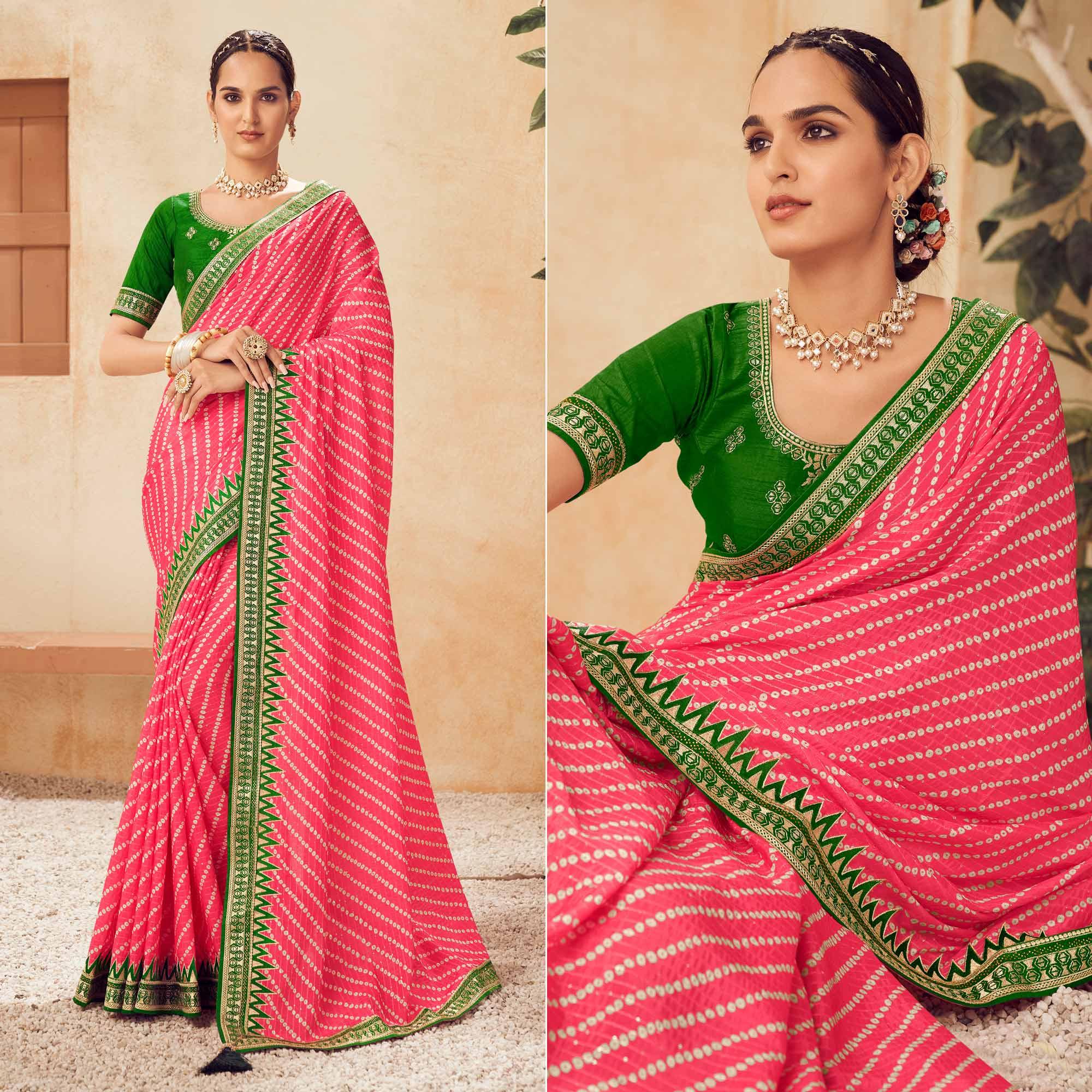 Pink Printed With Embellished Chiffon Saree With Tassels - Peachmode