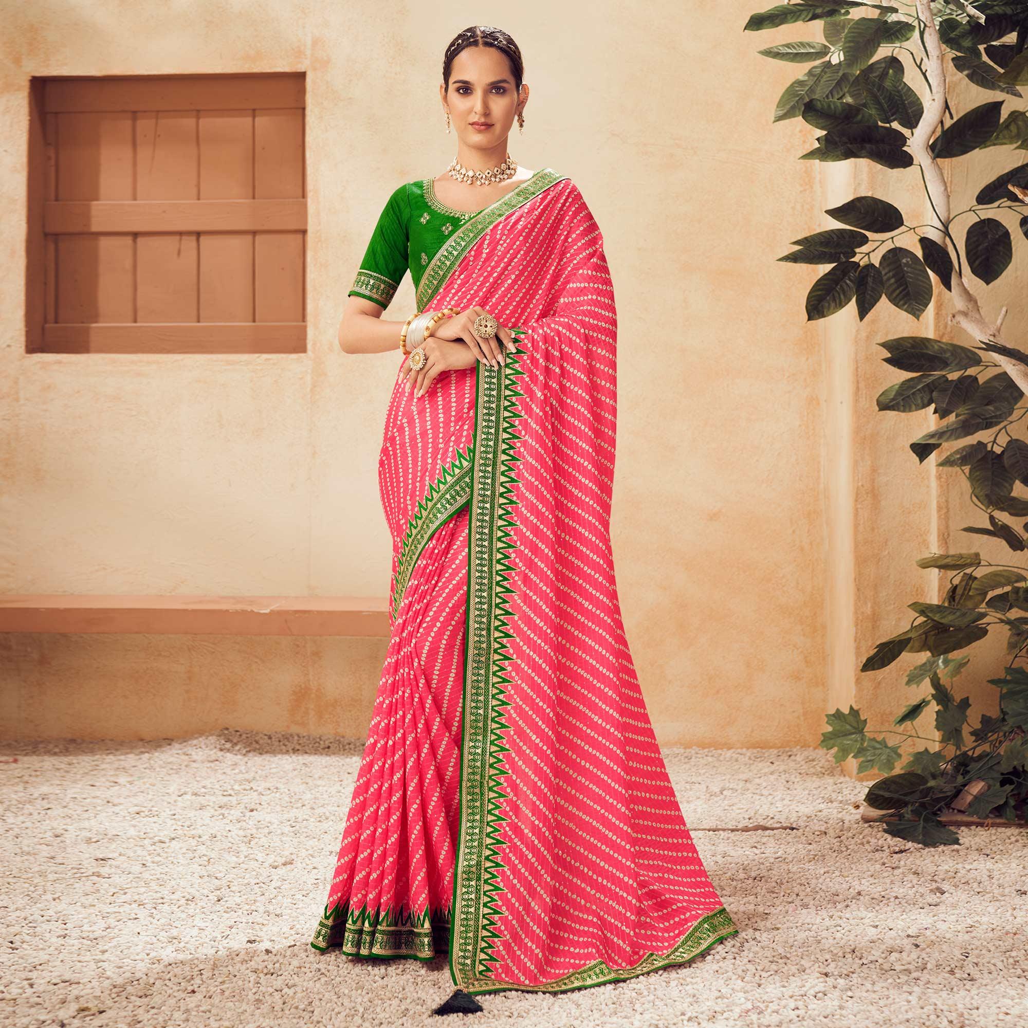 Pink Printed With Embellished Chiffon Saree With Tassels - Peachmode