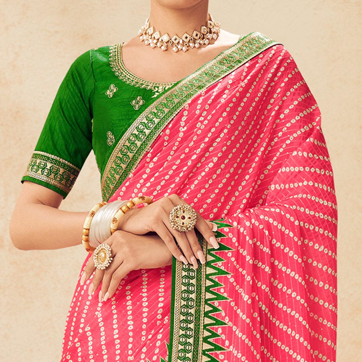 Pink Printed With Embellished Chiffon Saree With Tassels - Peachmode