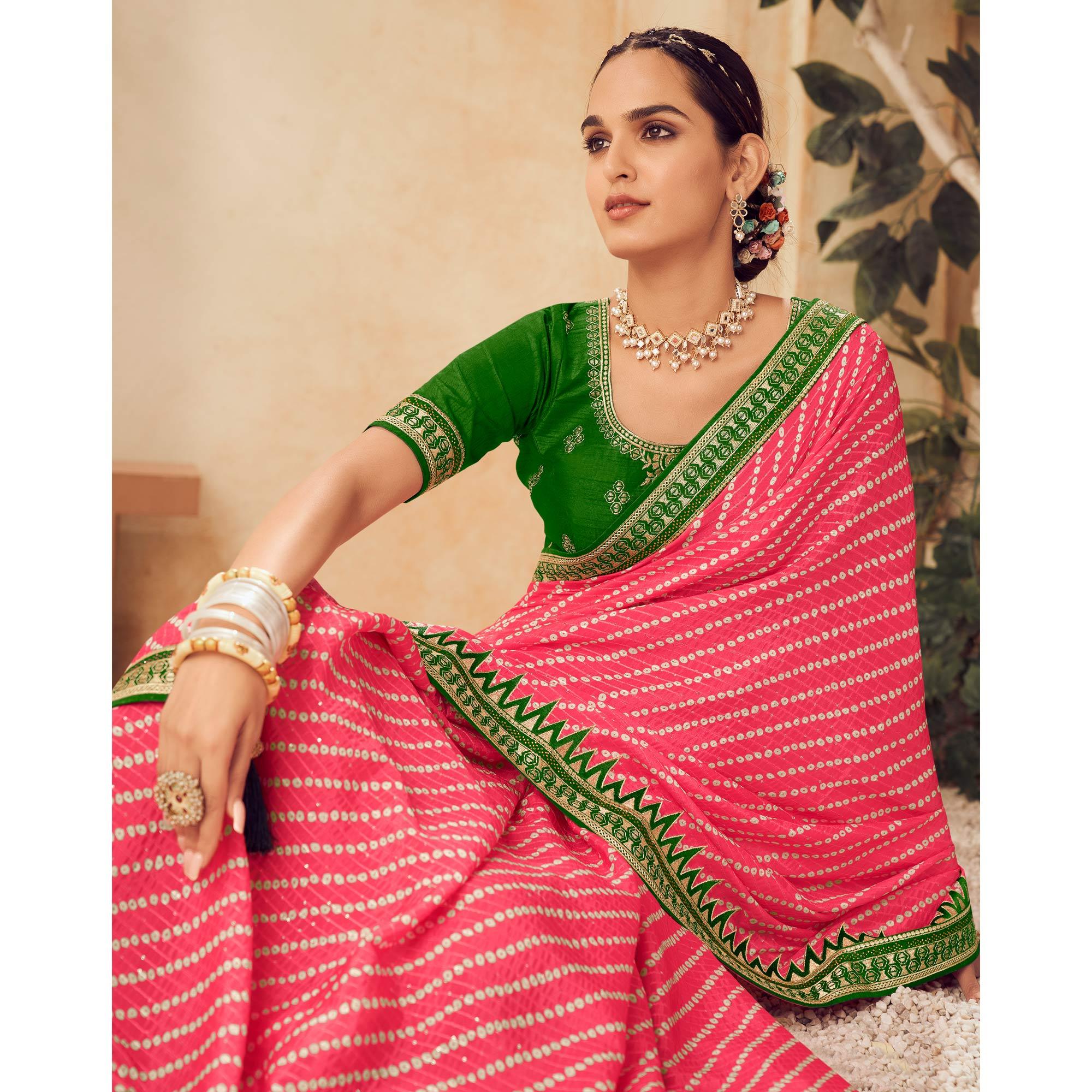 Pink Printed With Embellished Chiffon Saree With Tassels - Peachmode