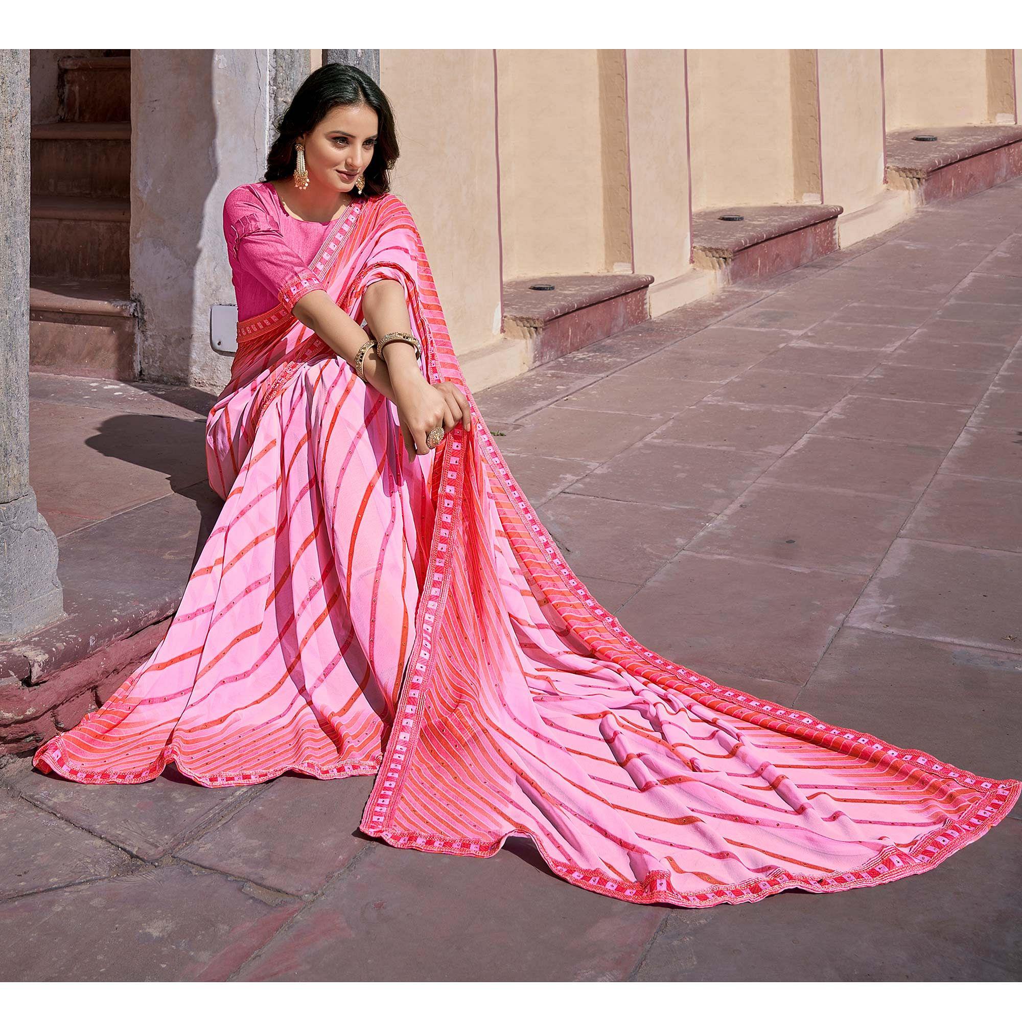 Pink Printed With Embellished Georgette Saree - Peachmode
