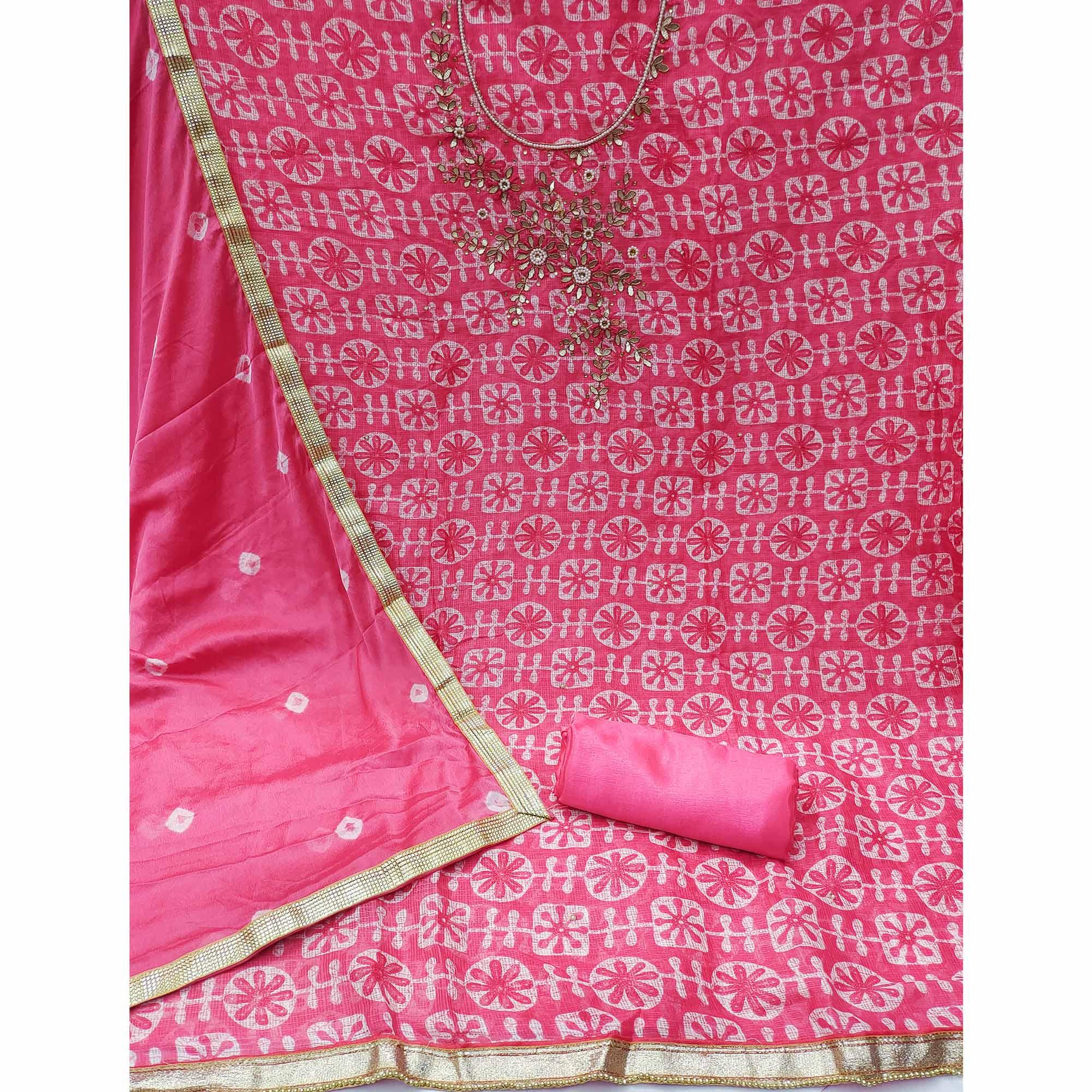 Pink Printed With Embellished Khaadi Dress Material - Peachmode