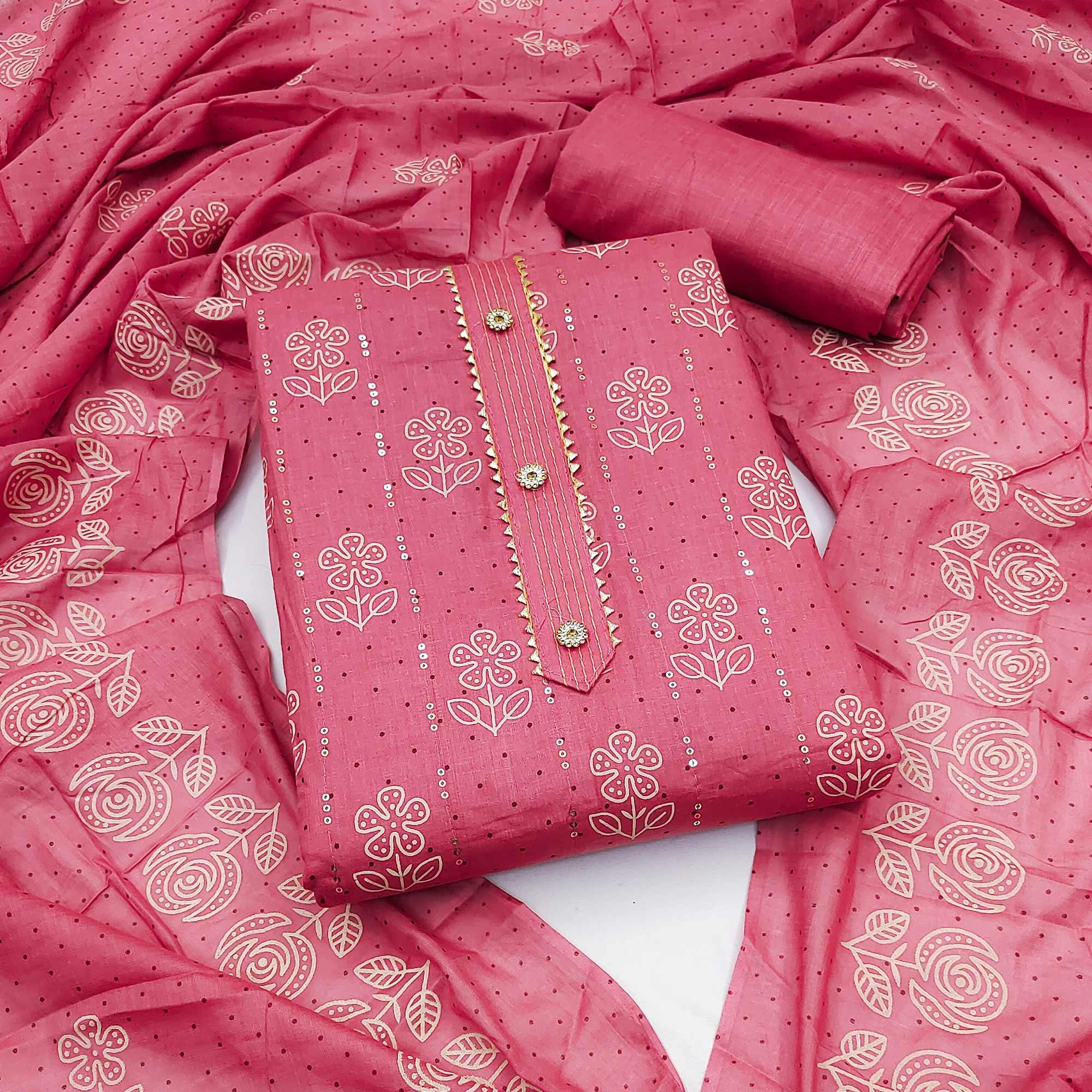 Pink Printed With Embellished Pure Cotton Dress Material - Peachmode