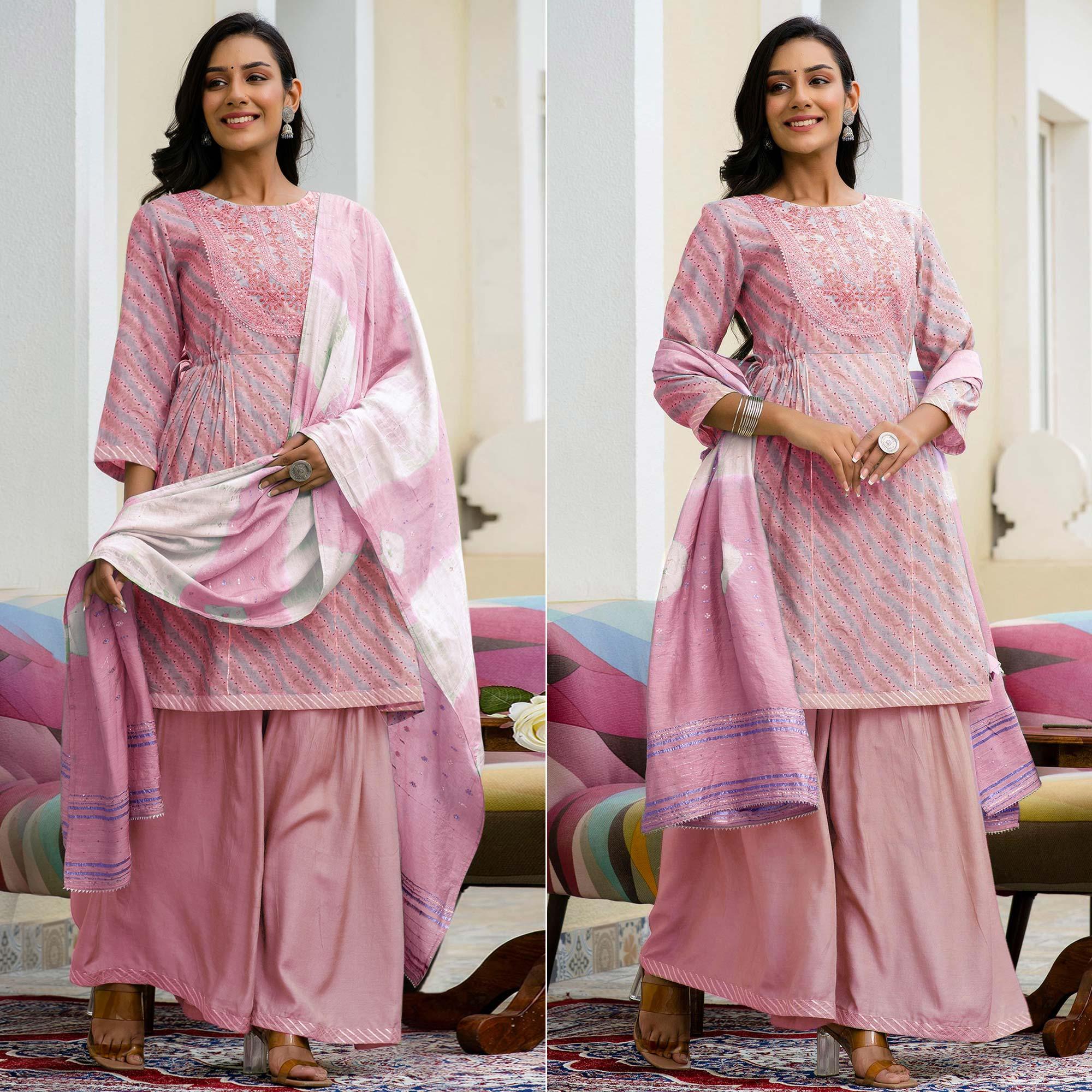 Pink Printed With Embroidered Chanderi Sharara Suit - Peachmode