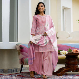 Pink Printed With Embroidered Chanderi Sharara Suit - Peachmode