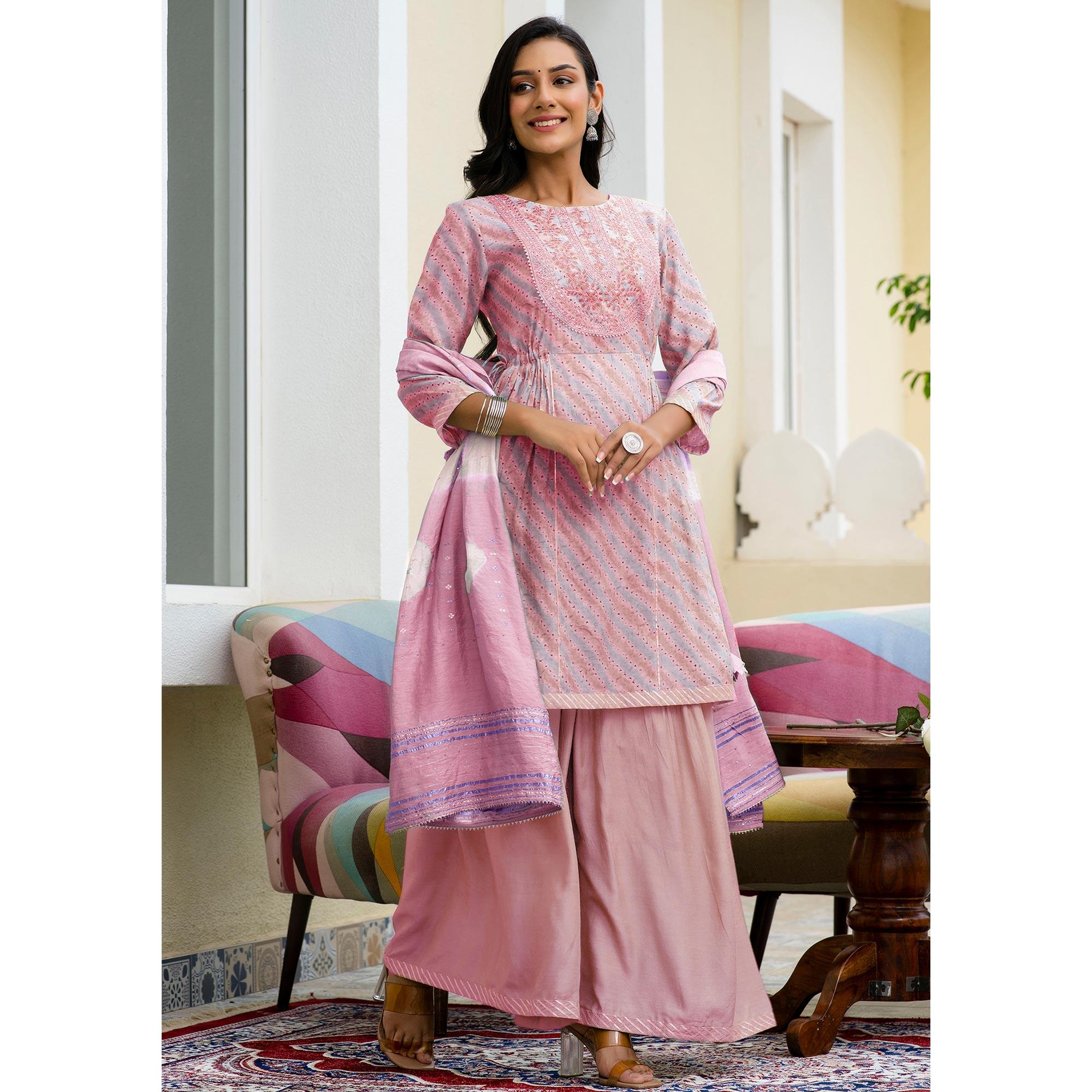 Pink Printed With Embroidered Chanderi Sharara Suit - Peachmode