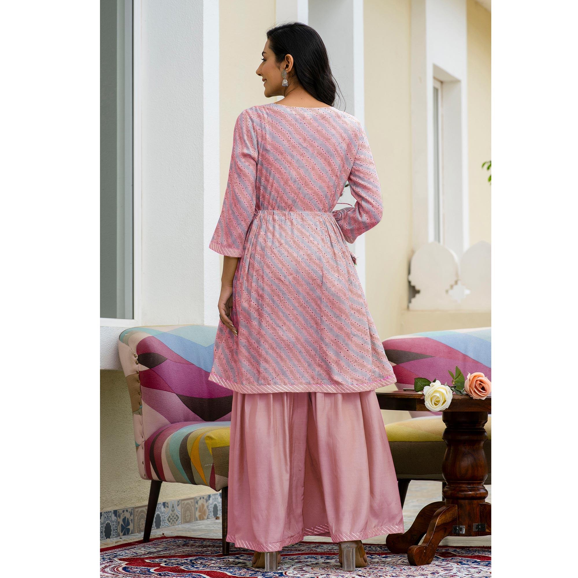 Pink Printed With Embroidered Chanderi Sharara Suit - Peachmode