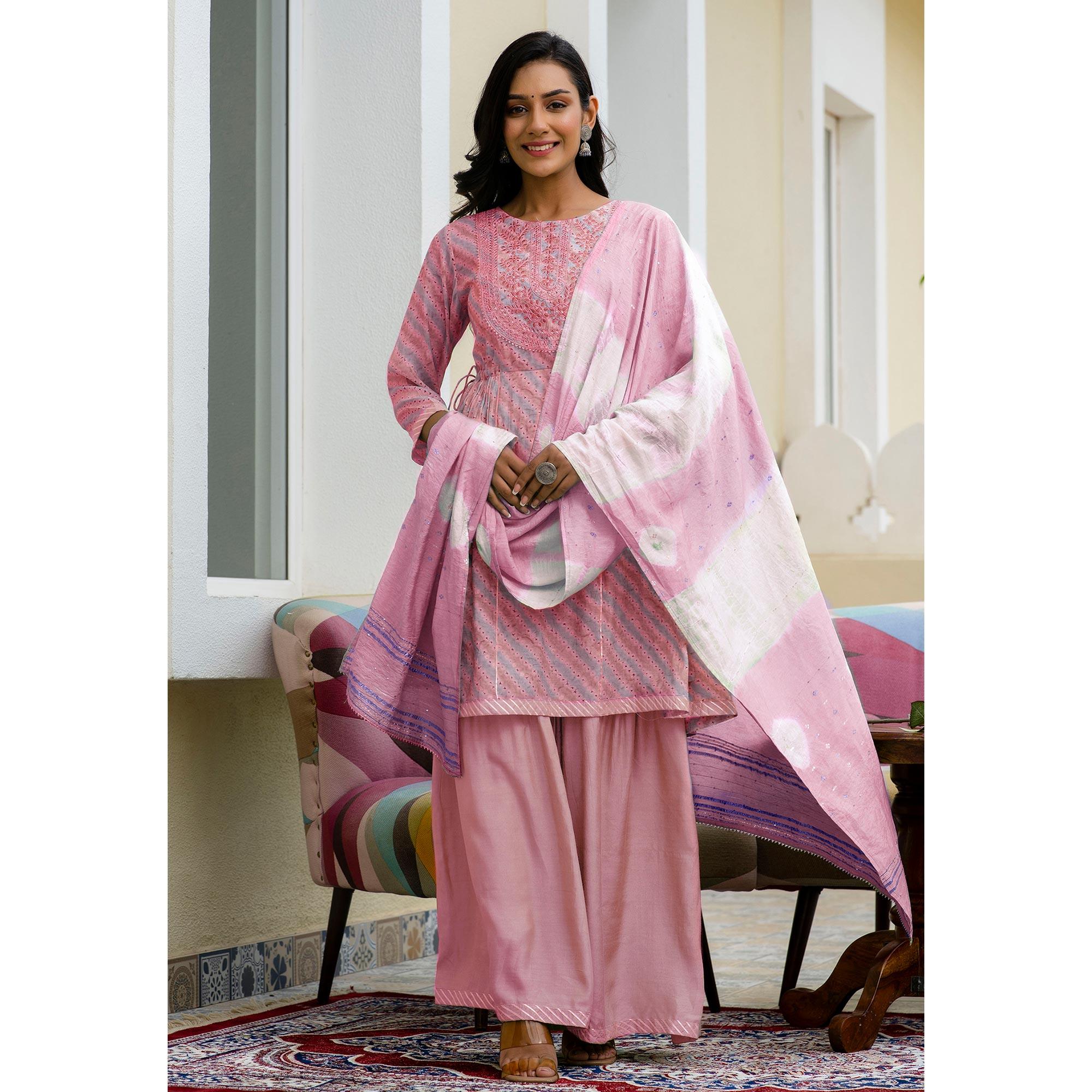 Pink Printed With Embroidered Chanderi Sharara Suit - Peachmode