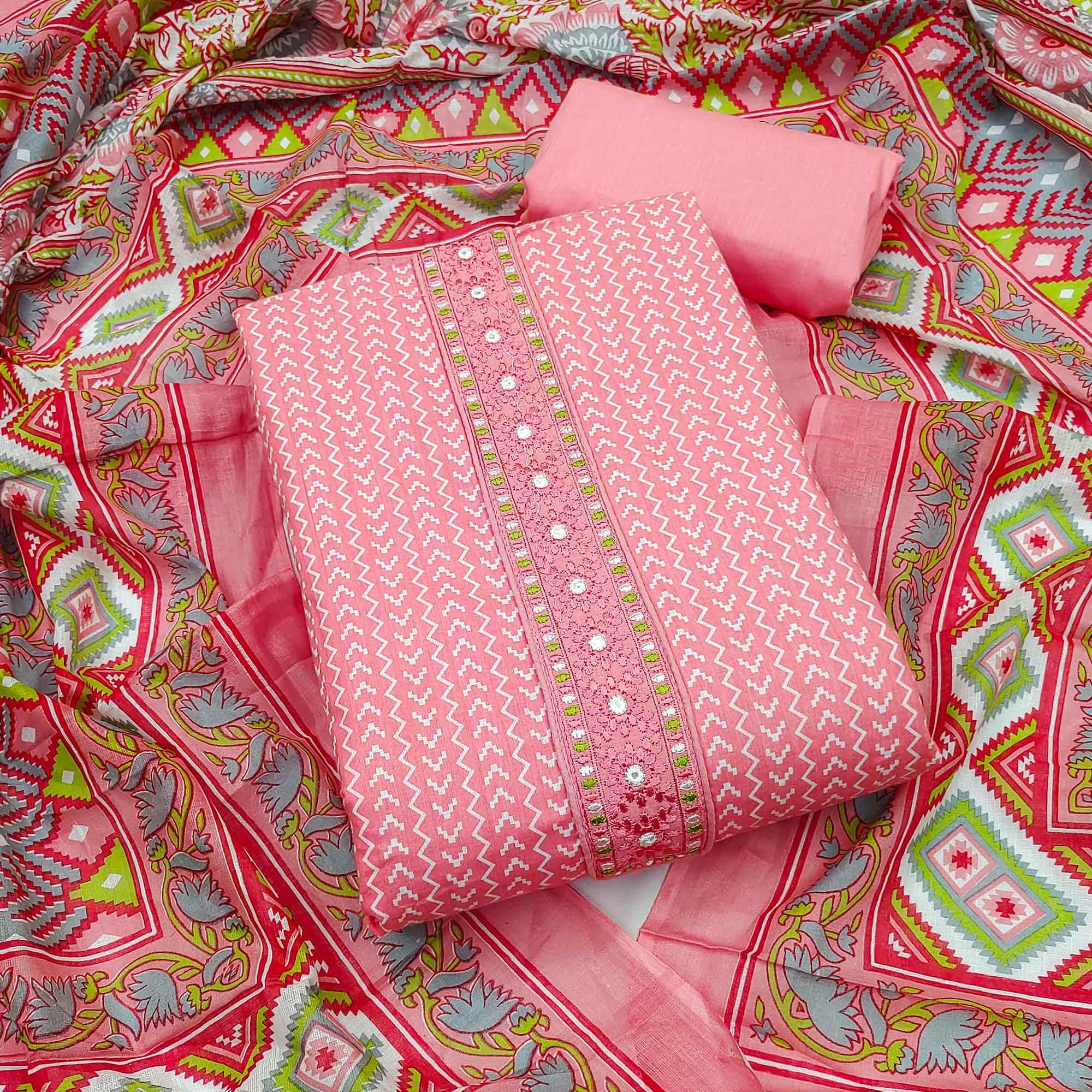 Pink Printed With Embroidered Cotton Blend Dress Material - Peachmode