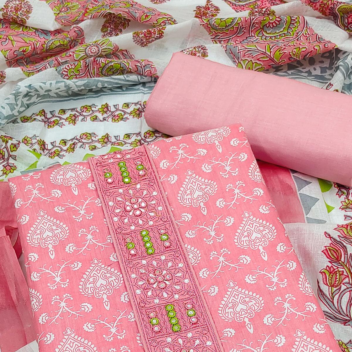 Pink Printed With Embroidered Cotton Blend Dress Material - Peachmode
