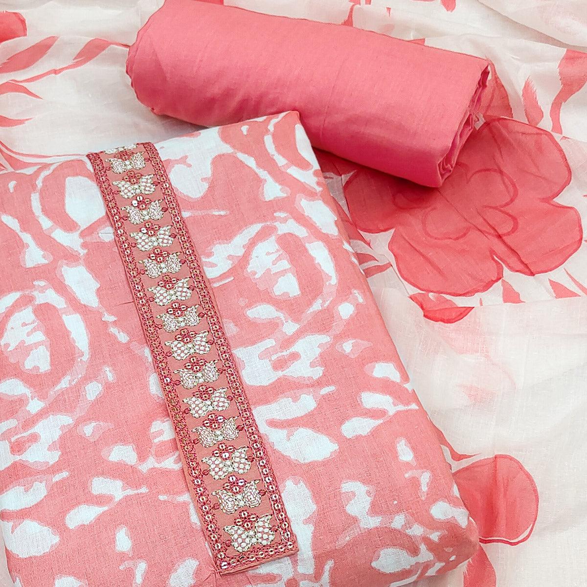 Pink Printed With Embroidered Cotton Blend Dress Material - Peachmode