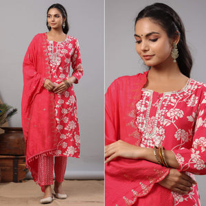 Pink Printed With Embroidered Muslin Kurti Pant Set With Dupatta - Peachmode