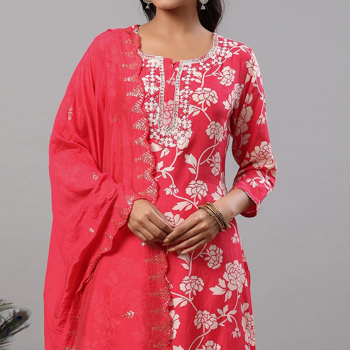 Pink Printed With Embroidered Muslin Kurti Pant Set With Dupatta - Peachmode