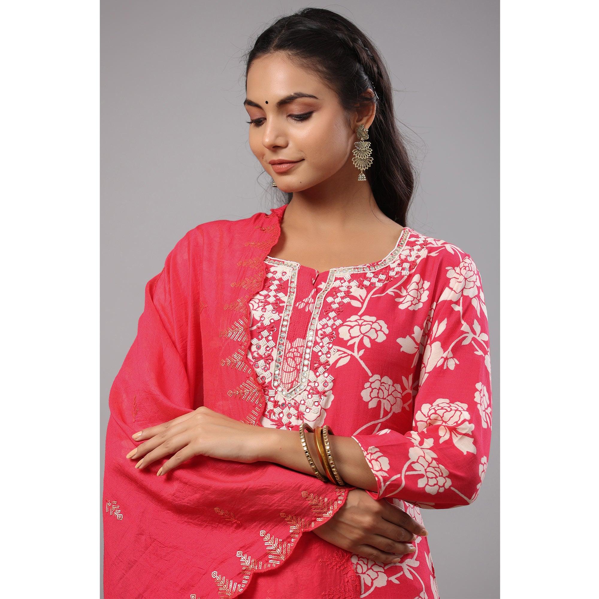 Pink Printed With Embroidered Muslin Kurti Pant Set With Dupatta - Peachmode