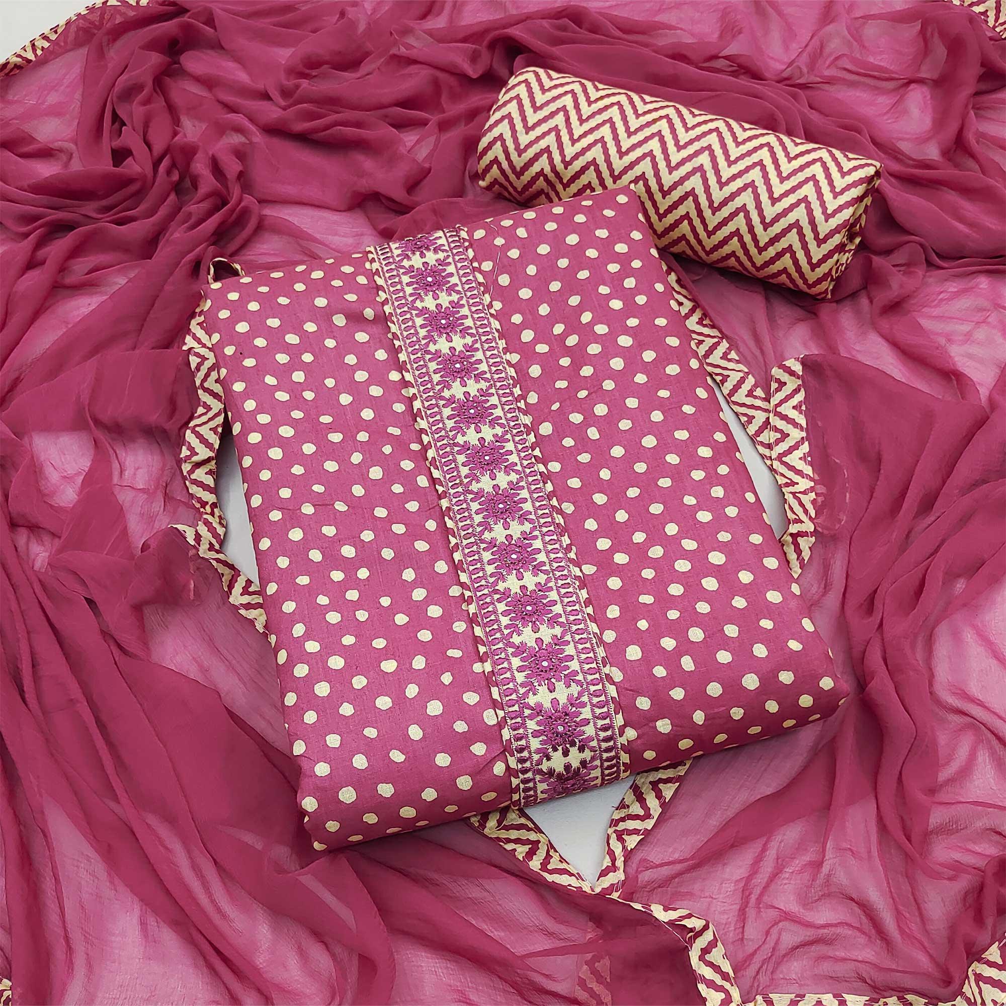 Pink Printed With Embroidered Poly Cotton Dress Material - Peachmode