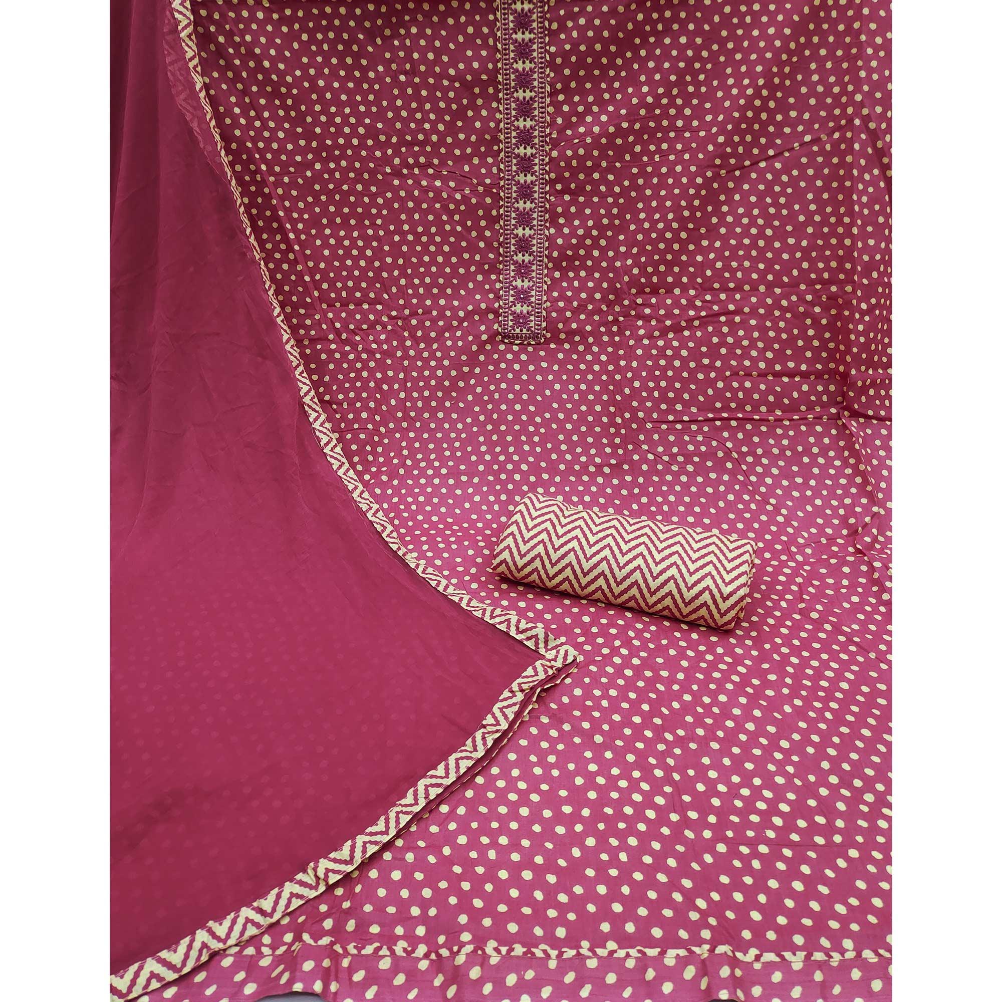 Pink Printed With Embroidered Poly Cotton Dress Material - Peachmode