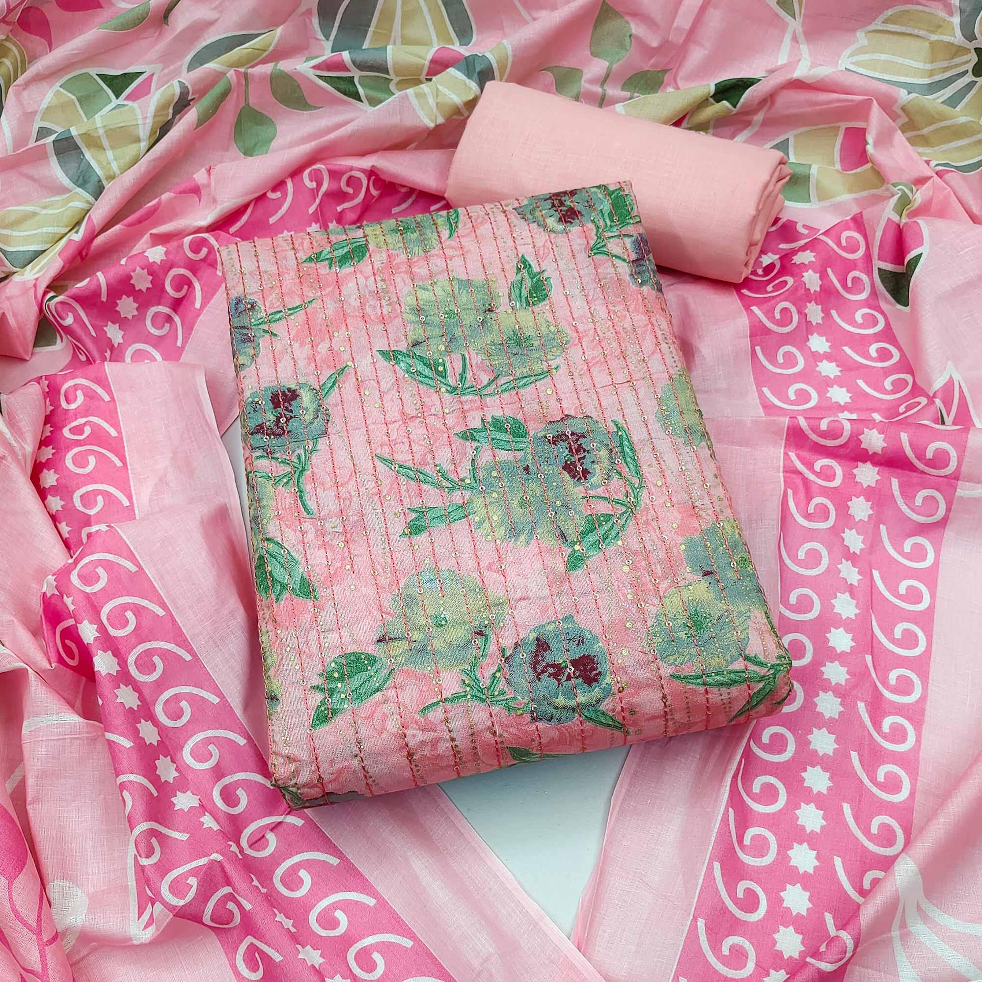 Pink Printed With Embroidered Pure Cotton Dress Material - Peachmode