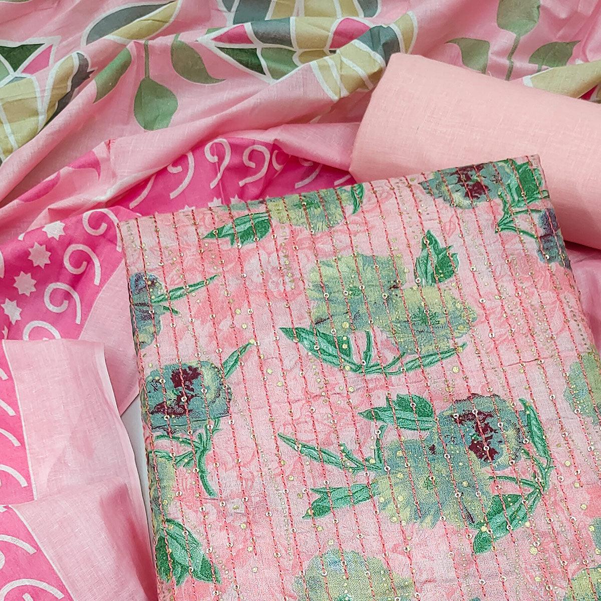 Pink Printed With Embroidered Pure Cotton Dress Material - Peachmode