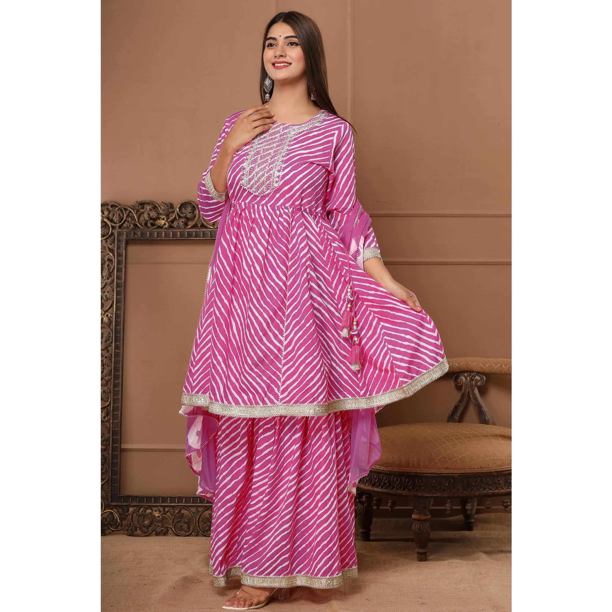 Pink Printed With Embroidered Pure Cotton Sharara Suit - Peachmode