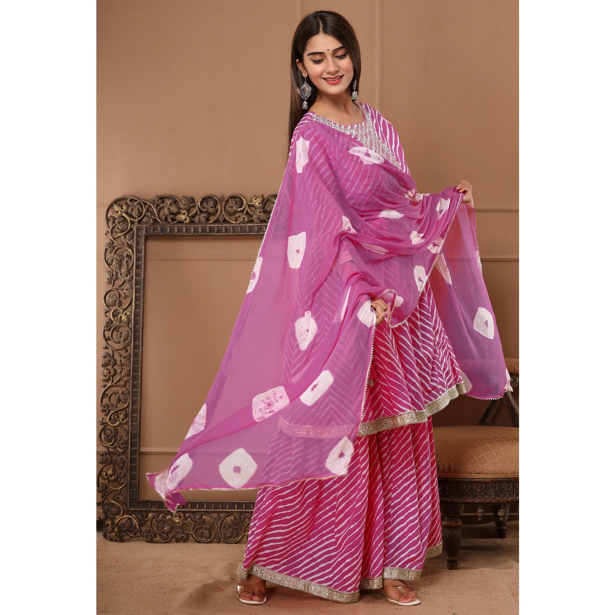 Pink Printed With Embroidered Pure Cotton Sharara Suit - Peachmode