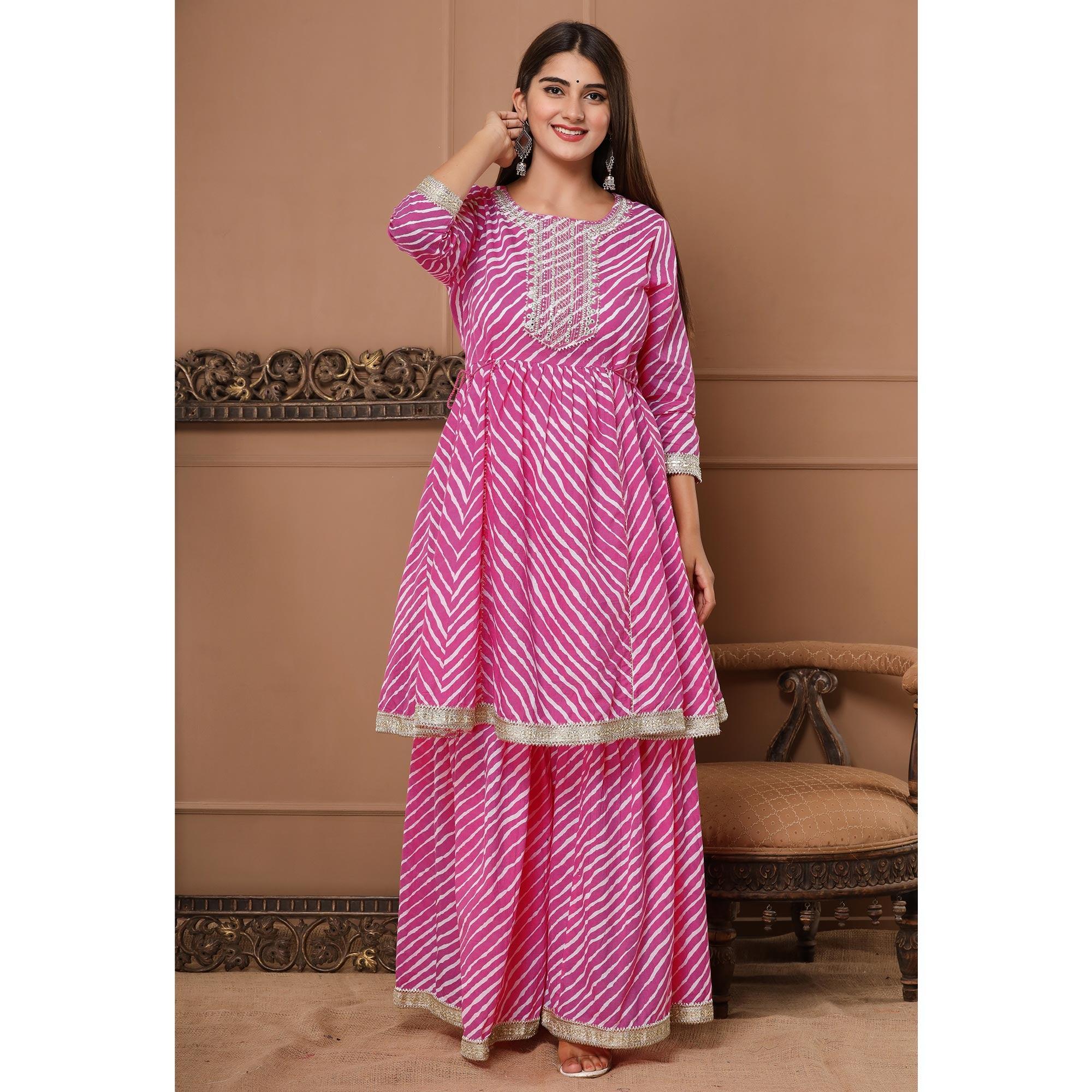 Pink Printed With Embroidered Pure Cotton Sharara Suit - Peachmode