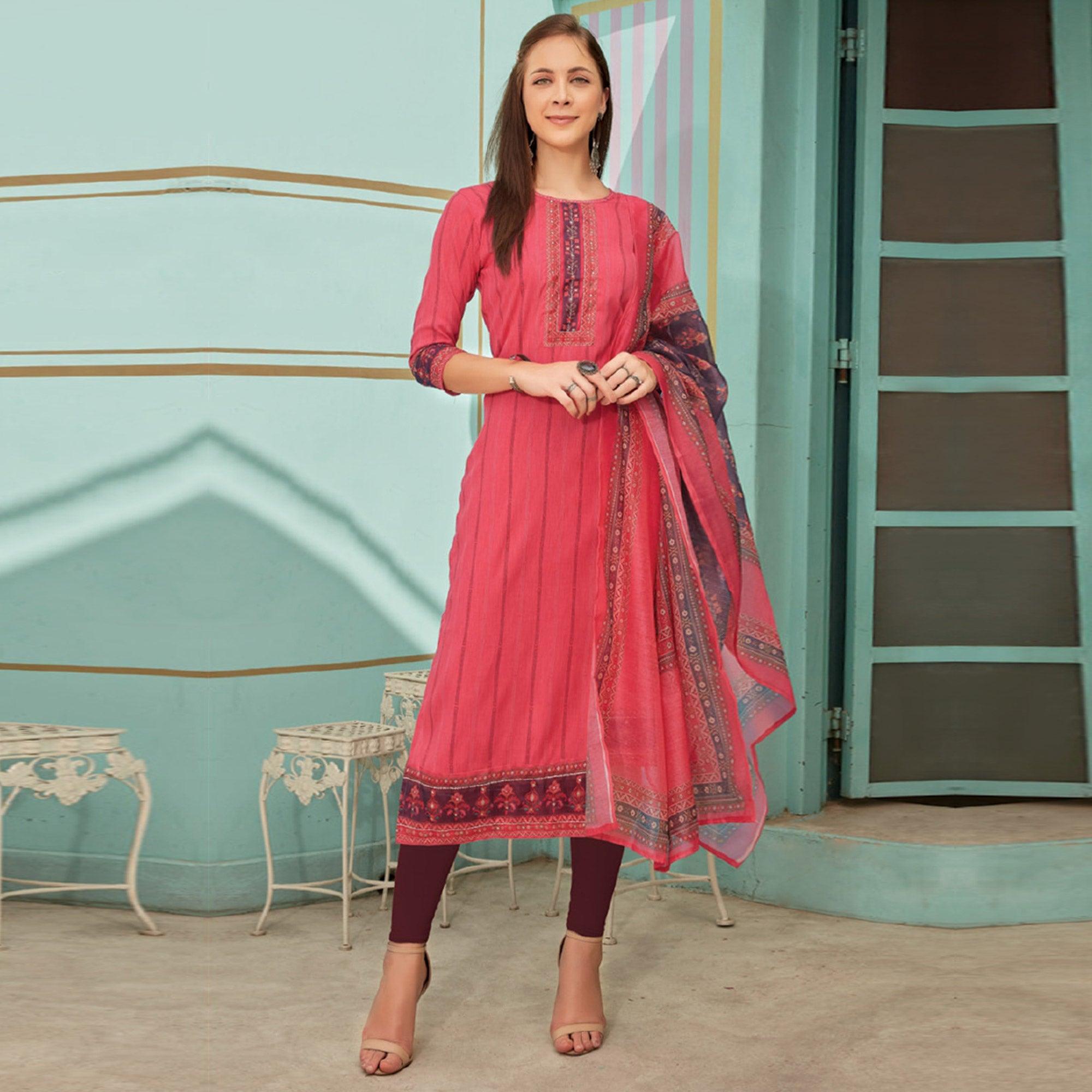 Pink Printed With Embroidery Tapetta Silk Kurti With Dupatta - Peachmode
