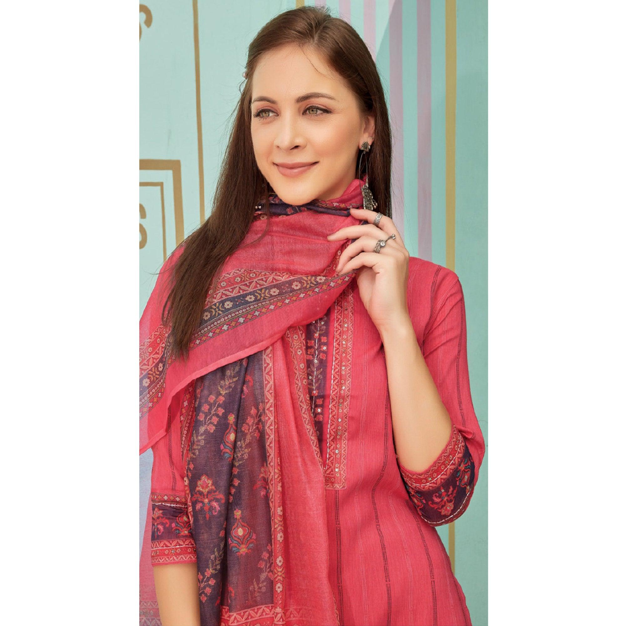 Pink Printed With Embroidery Tapetta Silk Kurti With Dupatta - Peachmode