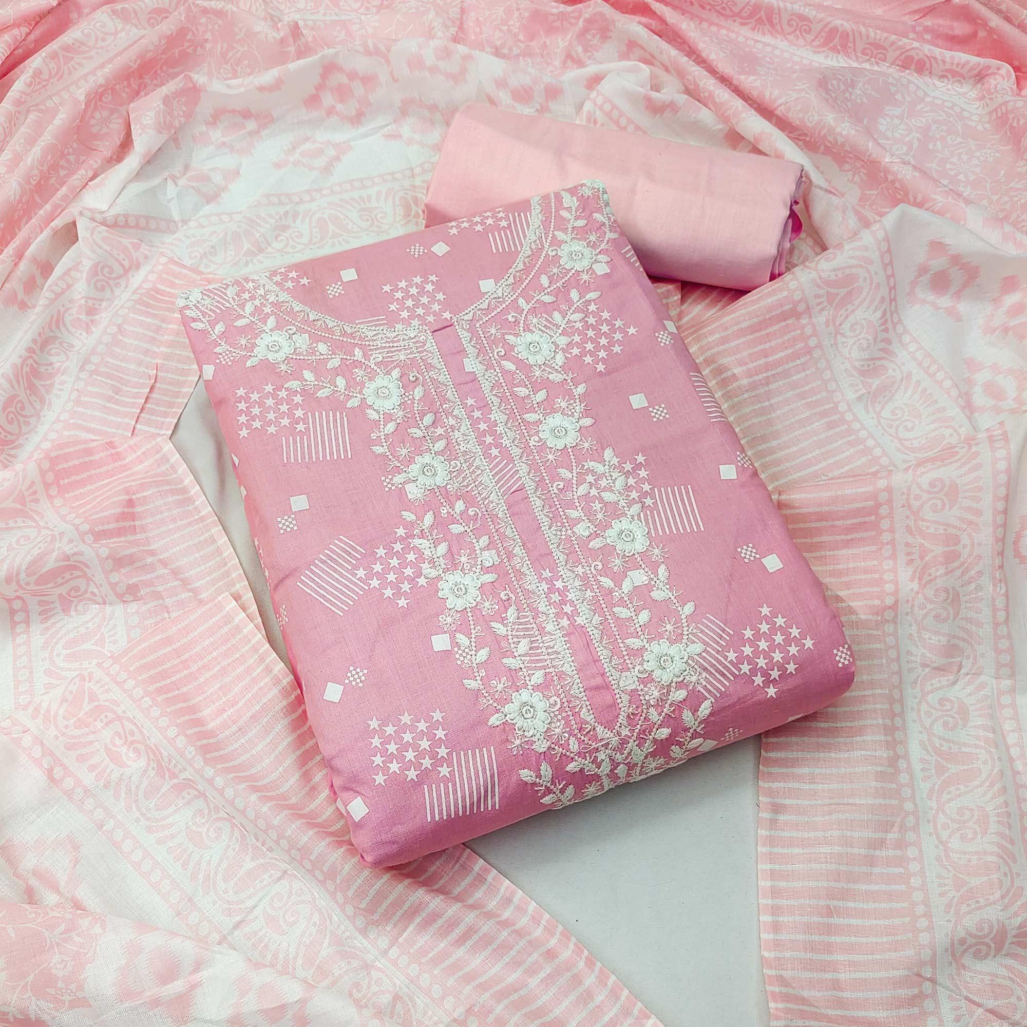 Pink Printed With Floral Embroidered Pure Cotton Dress Material - Peachmode