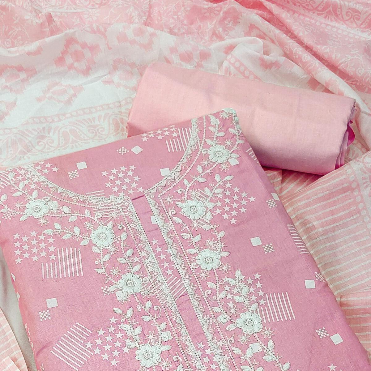 Pink Printed With Floral Embroidered Pure Cotton Dress Material - Peachmode