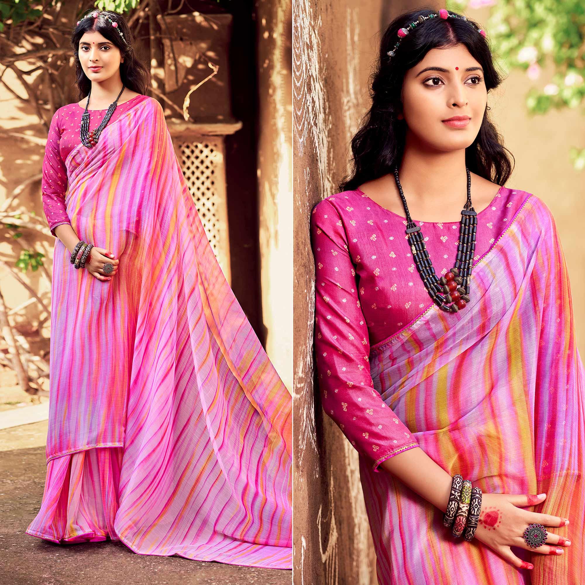 Pink Printed With Gota Patti Border Chiffon Saree - Peachmode